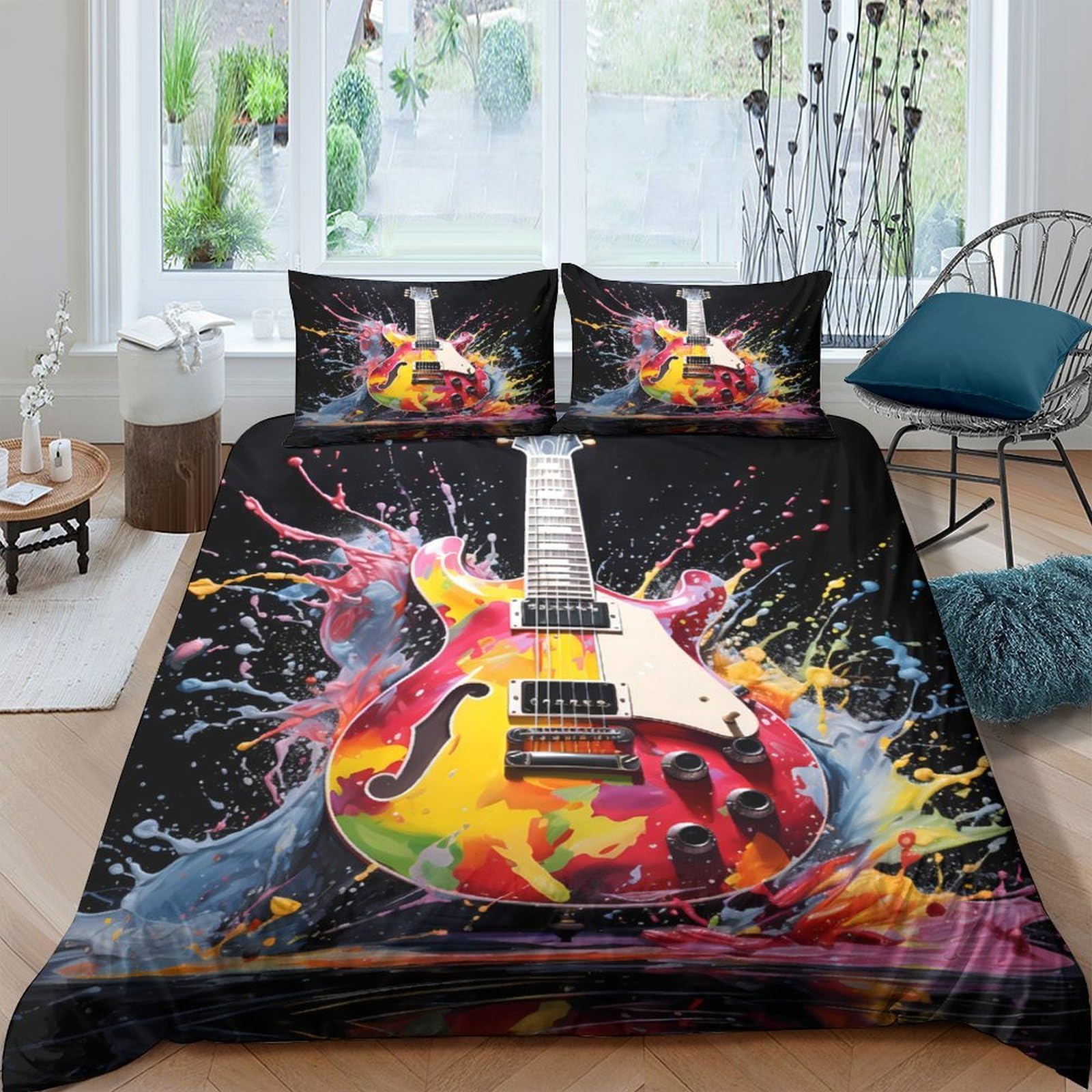 GPLZQXKJNH 3D Printed Electric Guitar Duvet Cover Microfiber Colourful Splash Quilt Cover Set with 2 Pillowcases for Bedroom Home Decor Single（135x200cm）