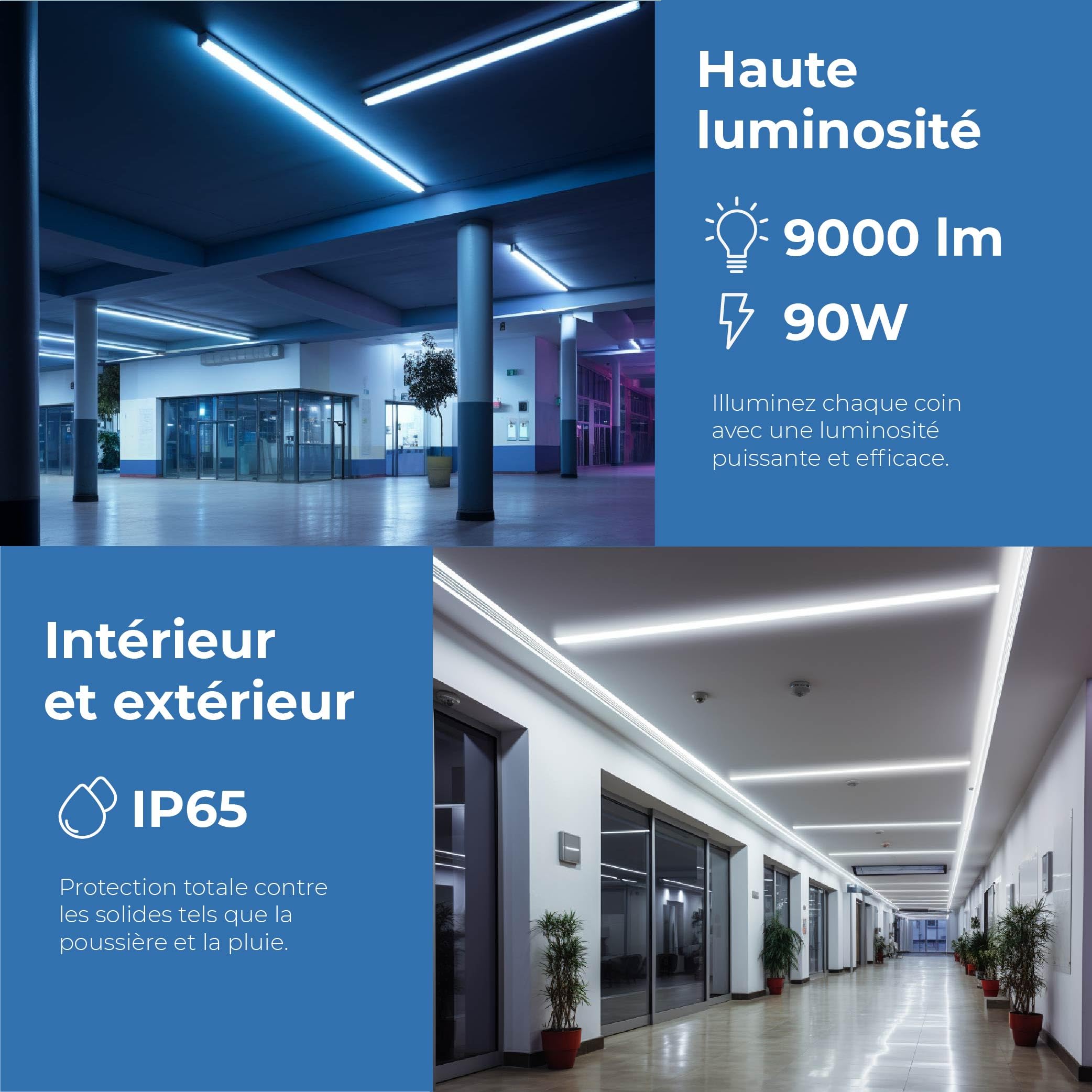 Europalamp - 5 LED-Unterbauleuchte, 150 cm, IP65, wasserdicht, 90 W, 9000 Lumen, 6000 K, kalt, für Keller, Garage und Lager, wasserdichte LED-Lampe