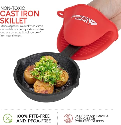Miniatura 2 de Modern Innovations Mini juego de sartén de hierro fundido negro con guante de silicona (4 unidades) – sartenes de 3.5 pulgadas, sartenes pequeñas