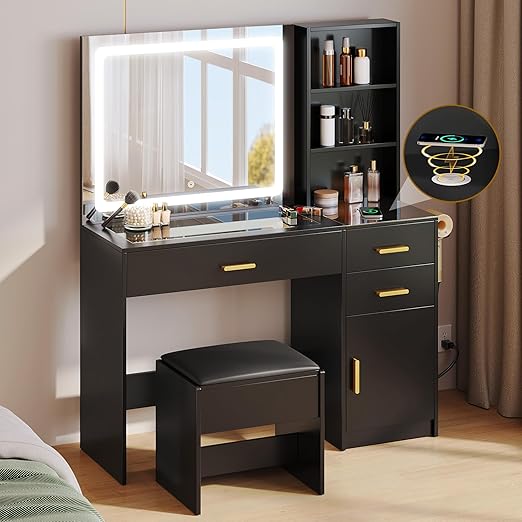 DWVO 45" W Vanity Desk w/Wireless Charging Station & Power Outlet, Mirror w/Lights Table Set with 4 Drawers, 3 Lighting Modes Brightness Adjustable for Bedroom Studio, Upgraded Black