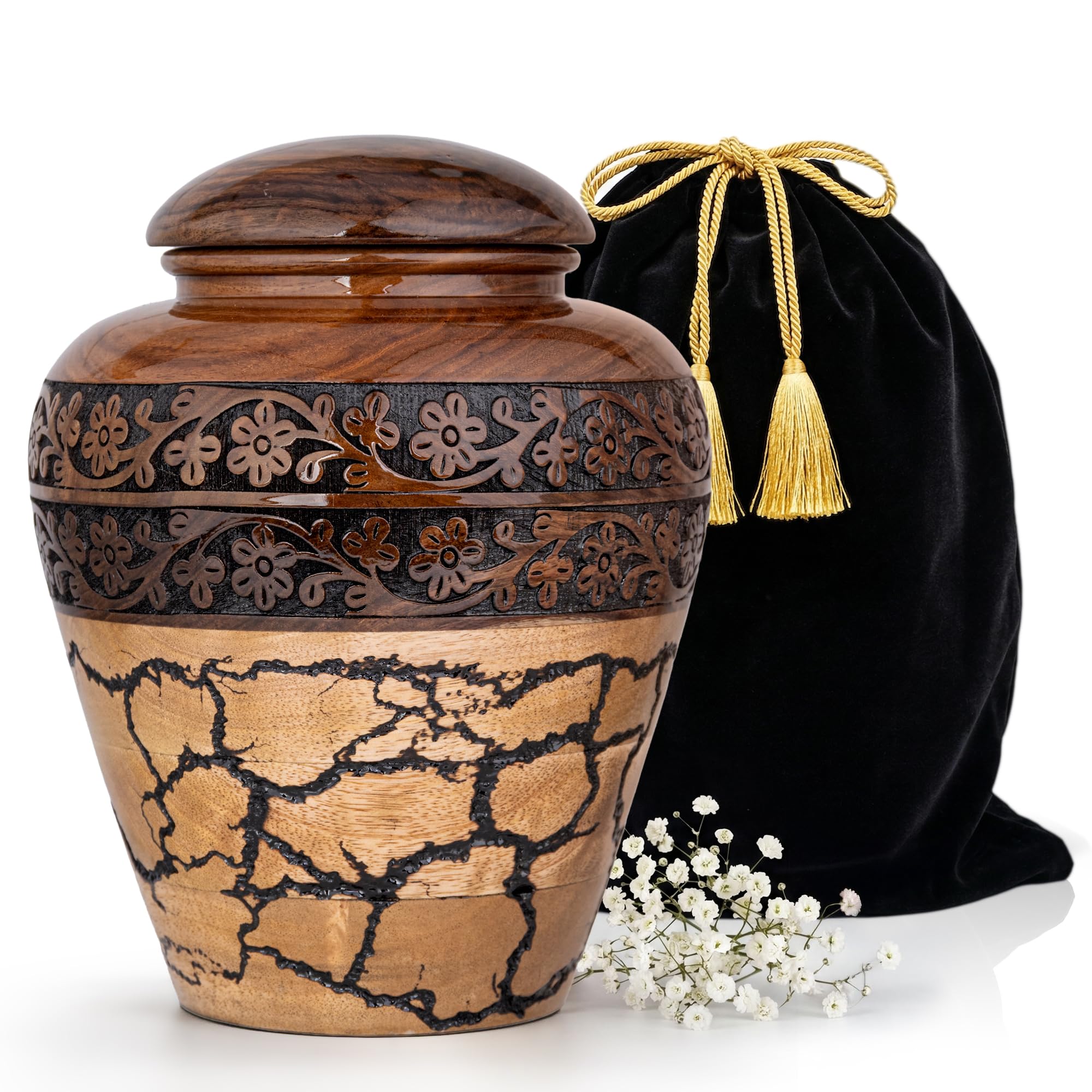 Large Wooden Urns for Human Ashes – 200 lb Black Thunderstorm Pattern Cremation Urn, Decorative Burial Container for Ashes Adult Male or Female Memorial Display