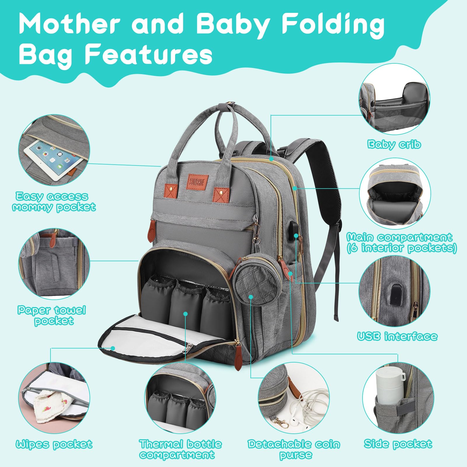 Large Capacity Baby Changing Backpack with with Foldable Cot Bed and Changing Pad & USB Port - Image 3