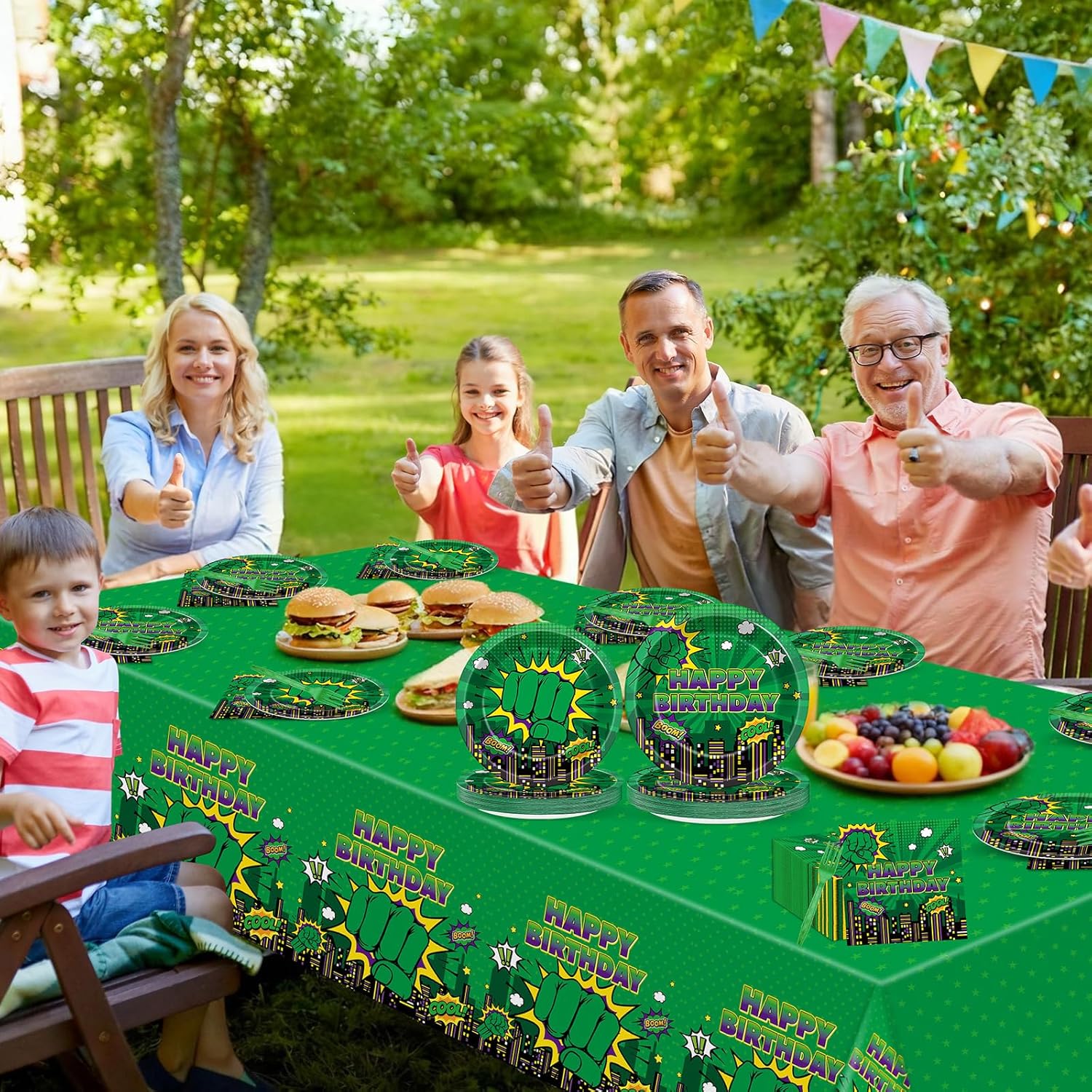 98 Pcs Green Hero Party Supplies Super Theme Birthday Plates Napkins Tablecloths Green Hero Disposable Dinnerware Tableware Set for Kid Cartoon City Cityscape Baby Shower Table Party Decoration