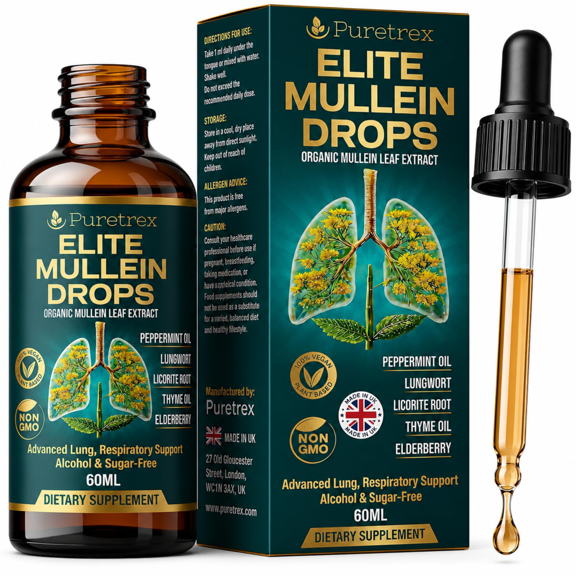 Elite Mullein Drops 60mL, Sublingual Herbal Extract, Alcohol-Free, Vegan