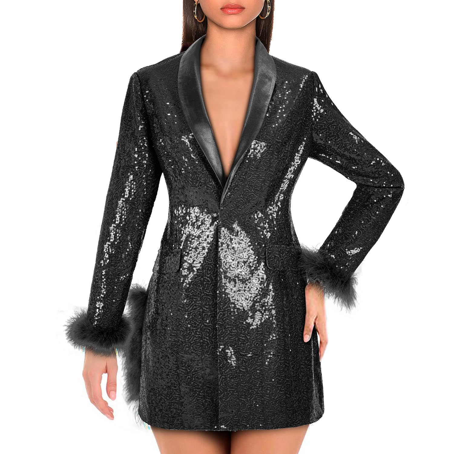 Women Sequin Jacket Long Sleeved Slim Blazer with Pocket
