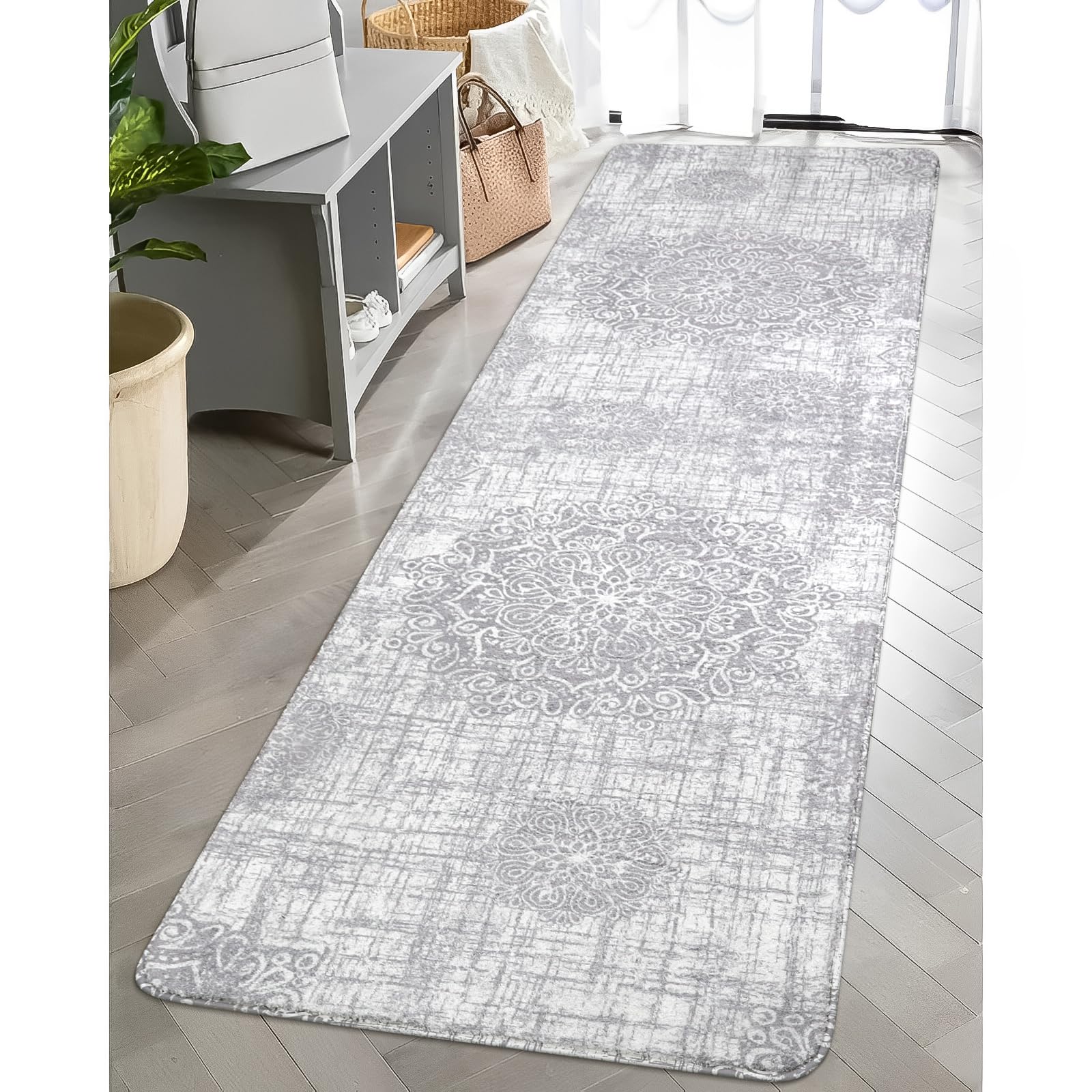 Lahome Vintage Medallion Washable Runner Rug - 2x7 Non-Slip Runners Rugs for Hallways Non-Shedding Lightweight Kitchen Runner Rug, Grey Print Distressed Carpet Runner for Bathroom Entryway Bedroom