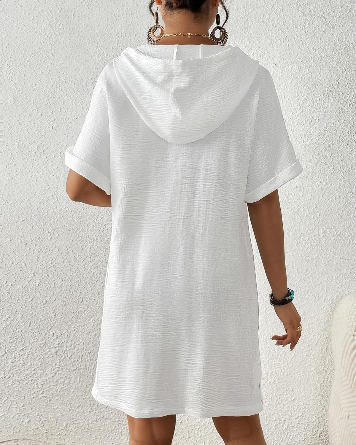 Bsubseach Womens Swimsuit Cover Up Shirt Button Down Short Sleeve Bathingsuit Coverups Hooded Beach Coverup With Pockets - Image 4