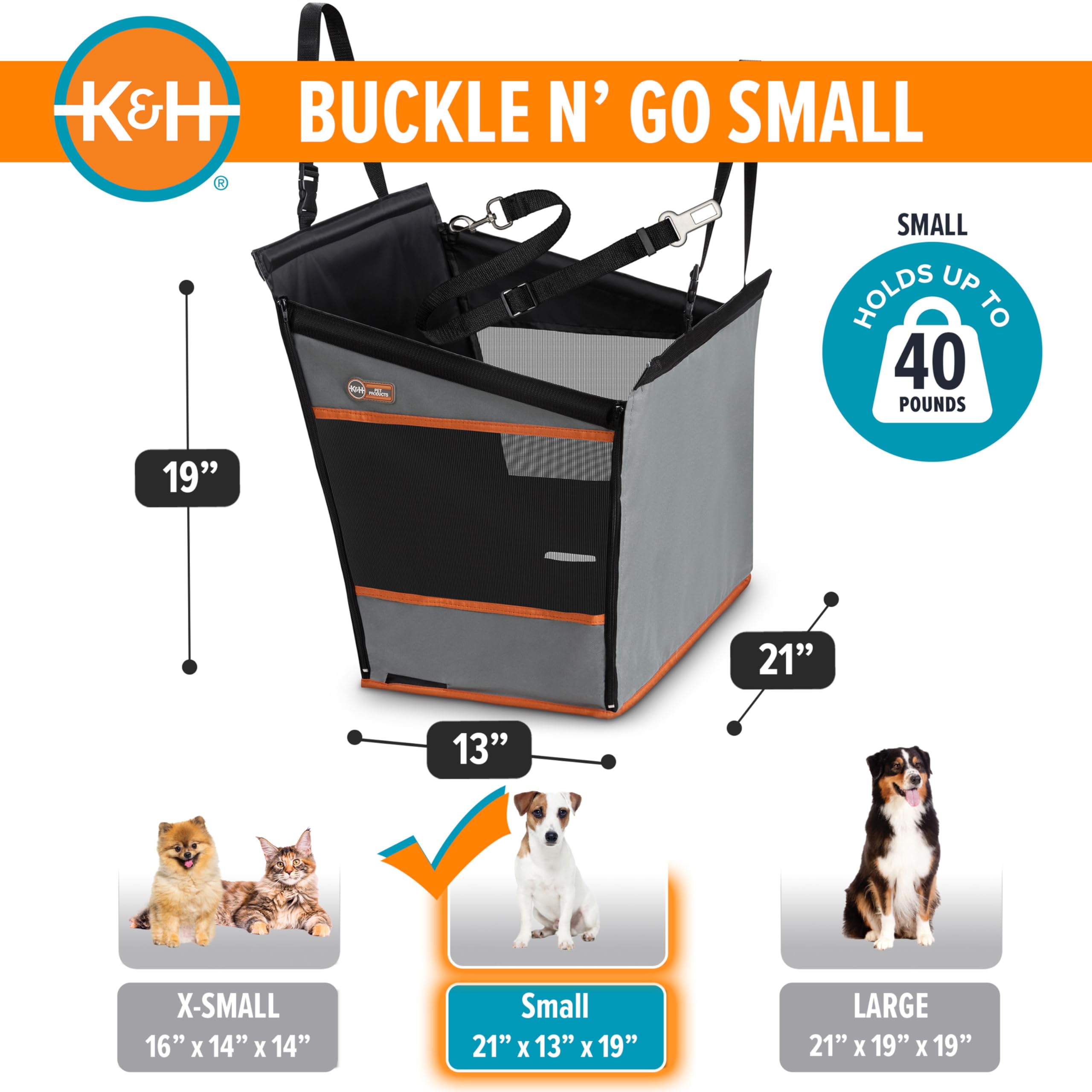 K&H Pet Products Buckle N' Go Hundeautositz für mittelgroße Hunde, wasserdichter Stoff mit atmungsaktivem Mesh & verstellbarem Hunde-Sicherheitsgurt für Auto, Hundehängematte für Auto,