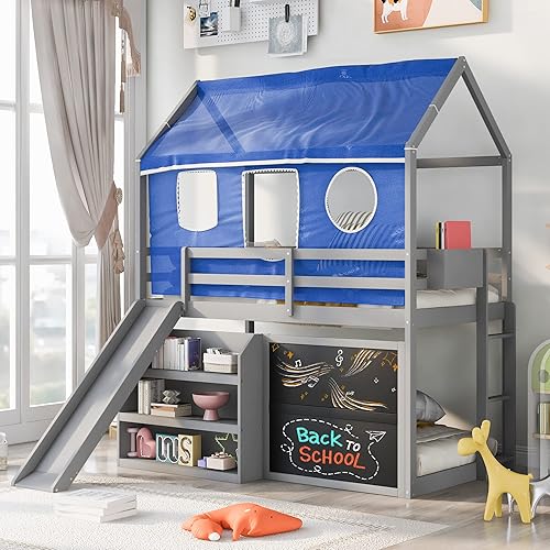 Wooden Twin Over Twin House Bunk Bed with Blue Tent and Slide,Shelves and Blackboard,Ladders and Guardrails,for Kids Teen Toddler Boys Girls Adults Use (Gray#d+)