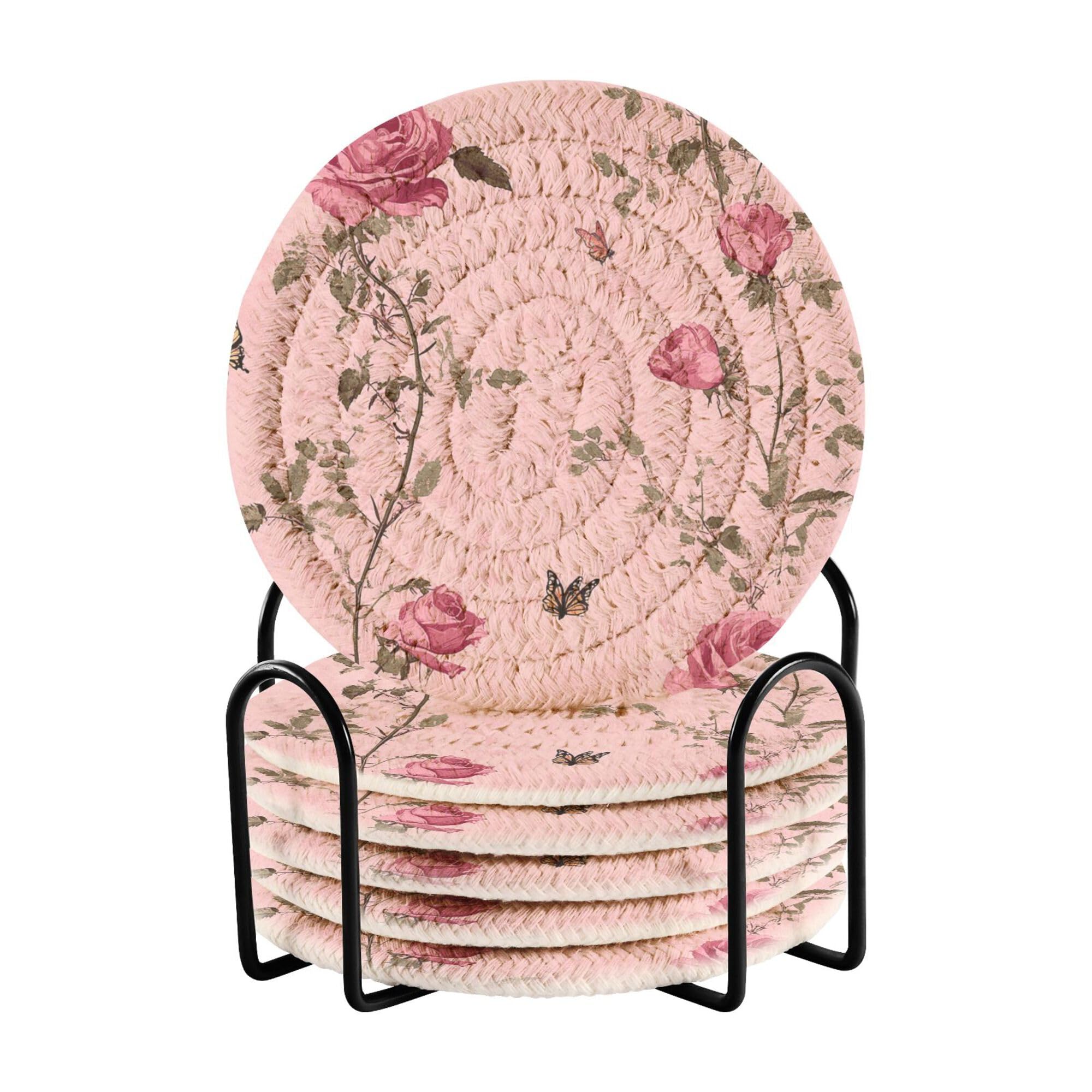 Unique Rose Peach Cotton Rope Absorbant Coasters Set of 6 with Holder Coasters Home Decor