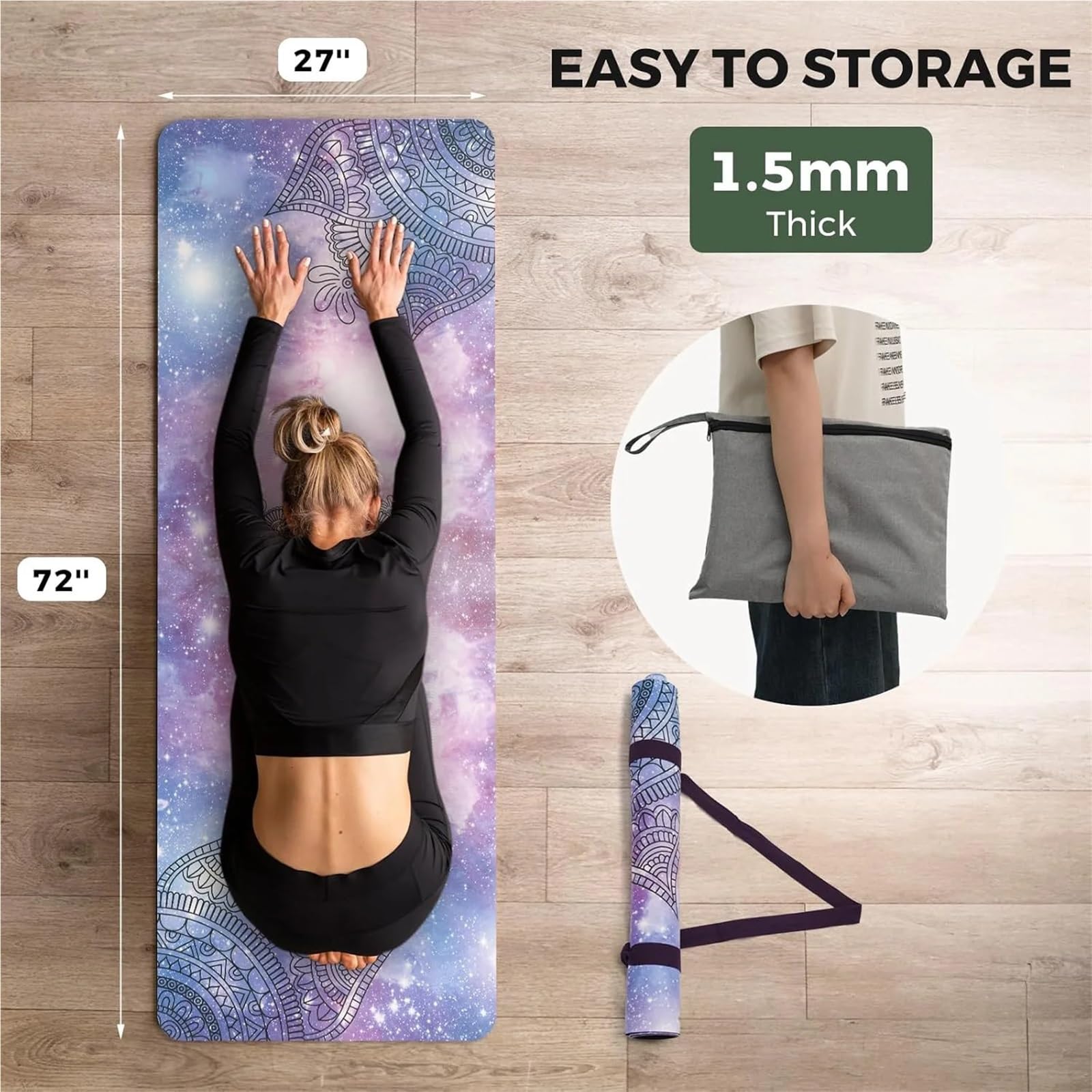 Esterilla Yoga Estera de yoga TPE goma 1,5 mm, plegable, absorbente sudor, antideslizante, con estampado gamuza, mojada, seca, ancha y delgada