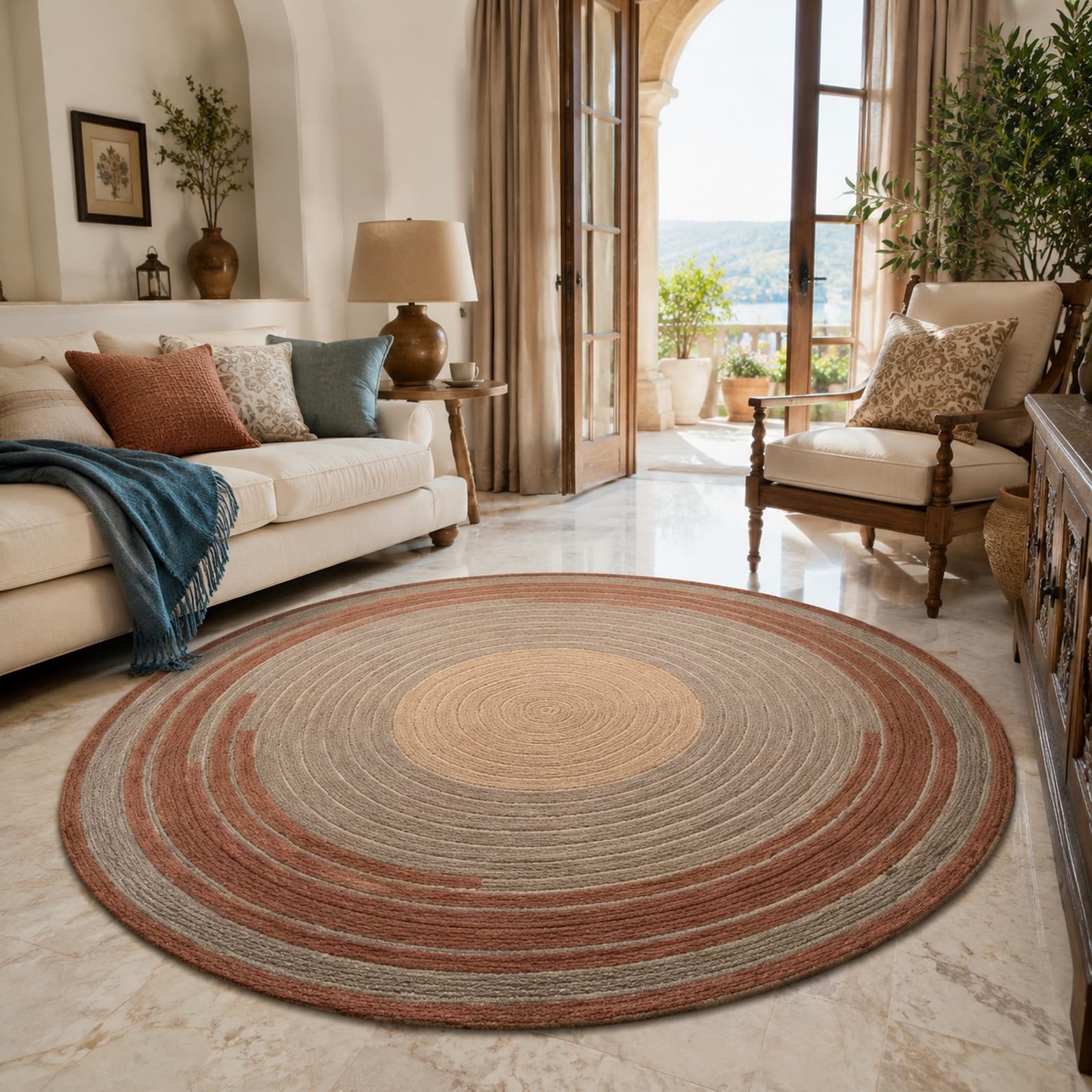 Tapis rond géométrique beige gris marron de 200 cm pour décoration salon