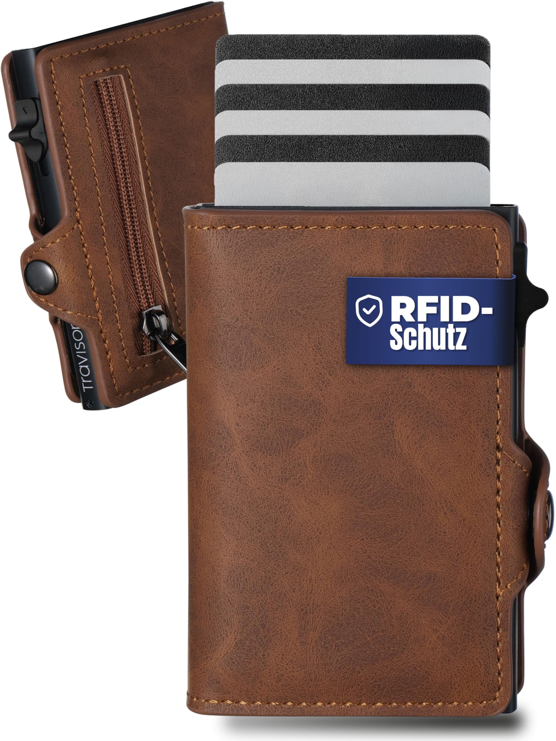 Travison® SMART Wallet mit Münzfach und Geldscheinfach - Kartenetui mit Münzfach und Schnellzugriff - RFID-Schutz - Herren Geldbörse klein - Kreditkartenetui - Geldbörse mini (Hellbraun)