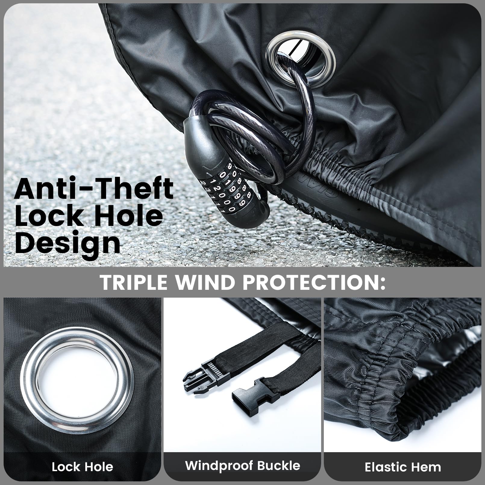 Housse de protection pour vélo imperméable et indéchirable avec trous de serrure, noir charbon
