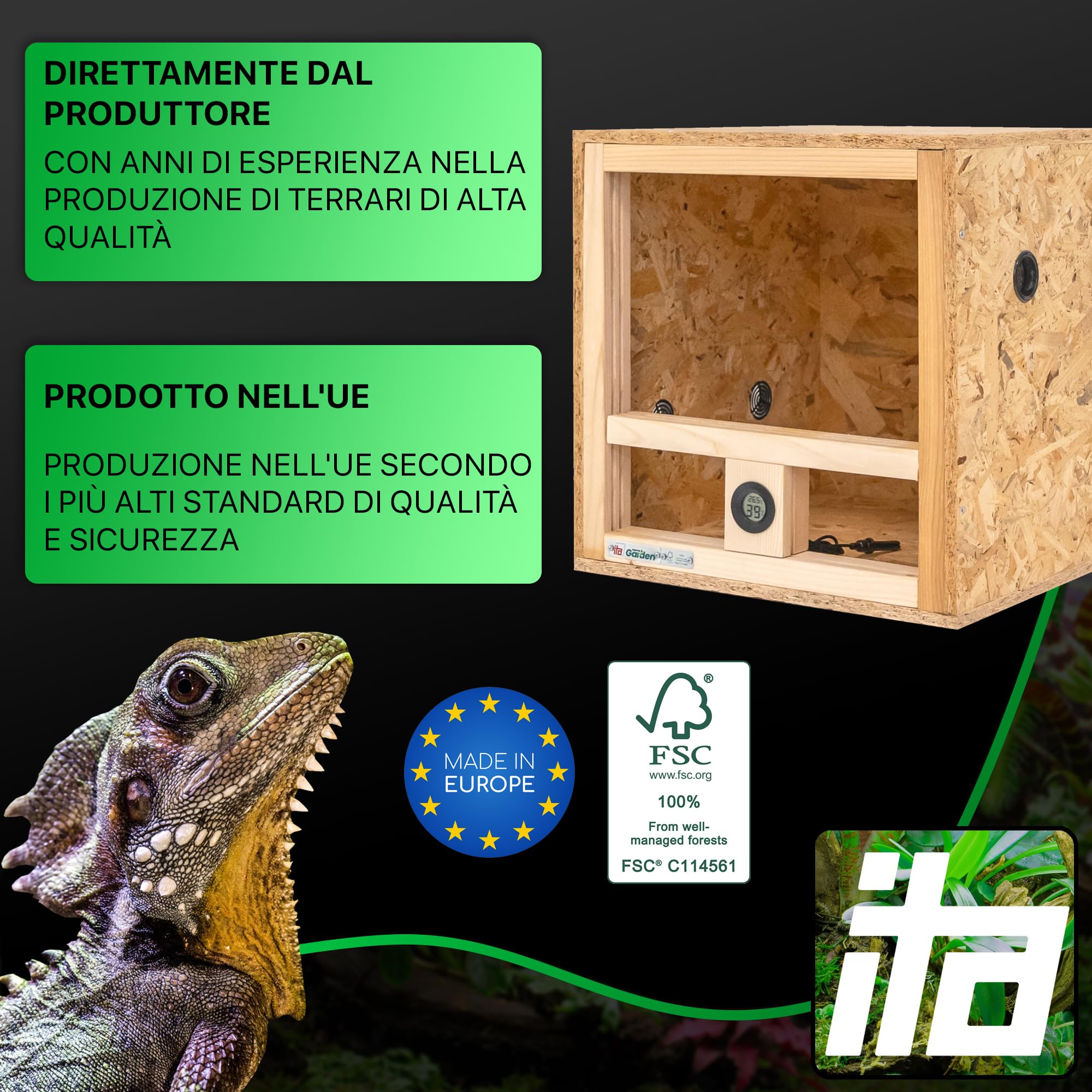 ITA Mini terrario 40x40x40 cm con ventilazione laterale e igrometro integrato - Terrario in legno OSB-3 - Per rettili, serpenti, anfibi - Prodotto UE, certificato FSC
