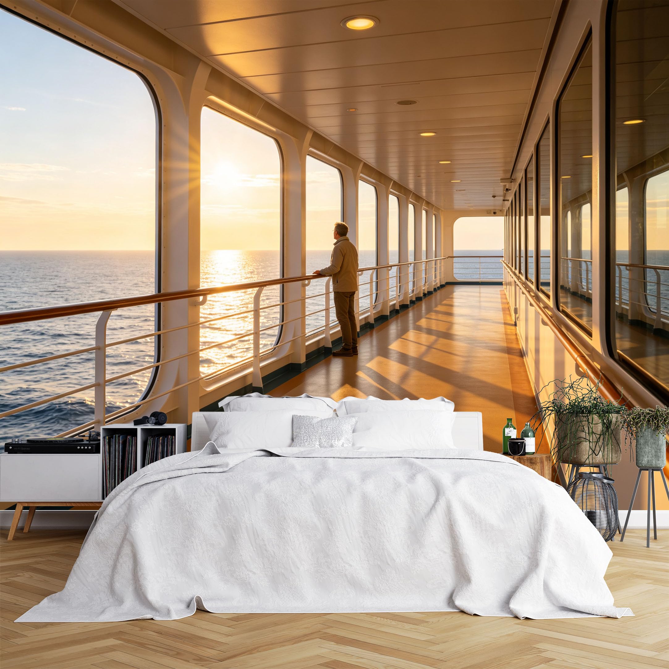 Custom Size Wall Murals Cruise Ship Corridor with Sunset Ocean View Wallpaper, HD Self-Adhesive Removable Wallpaper for Living Room, Office