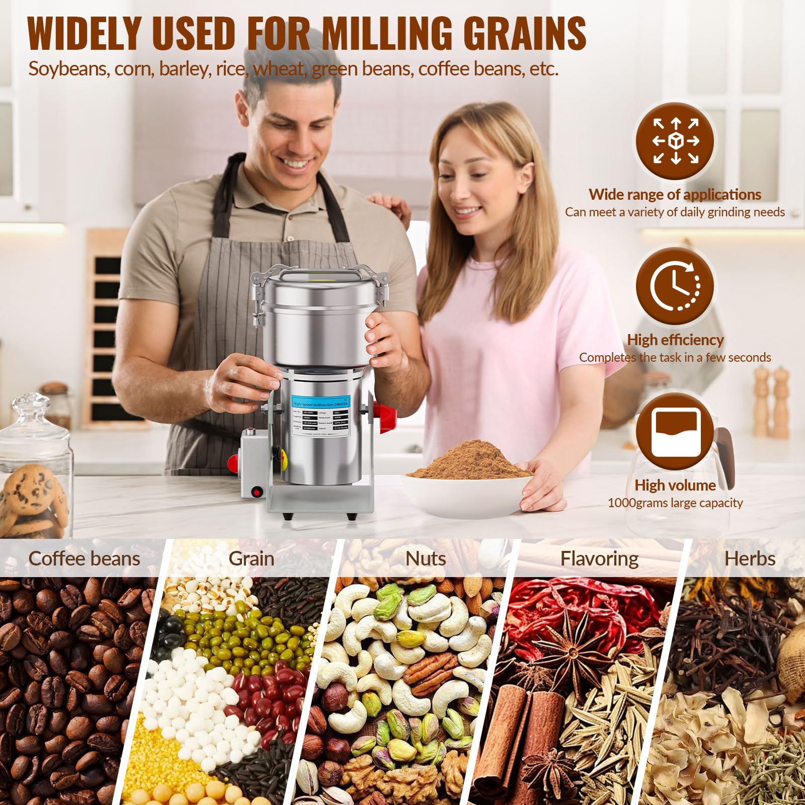 Moulin à épices électrique, 1000 g haute vitesse avec 3000 W, 30-300 mesh pour herbes, épices, noix, céréales avec protection contre les surcharges