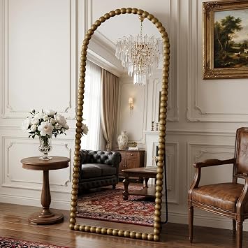 Antok 71" x 28" Arched Full Length Mirror, Antique Beaded Frame Floor Standing or Wall Mounted Mirror with Stand for Bedroom, Entryway, Bronze, Luxury Style
