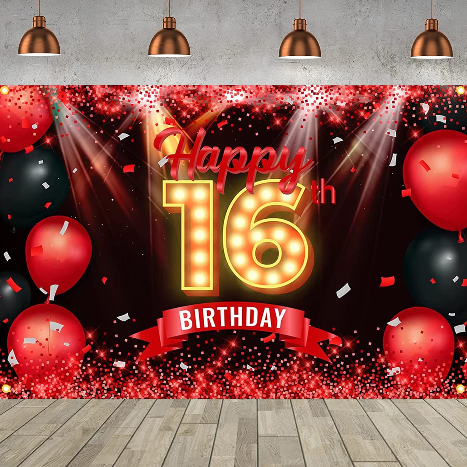 Happy 16th Birthday Decorations Black and Red 16th Birthday Backdrop Sweet Sixteen Birthday Background Party Supplies for Girls Boys Indoor Outdoor