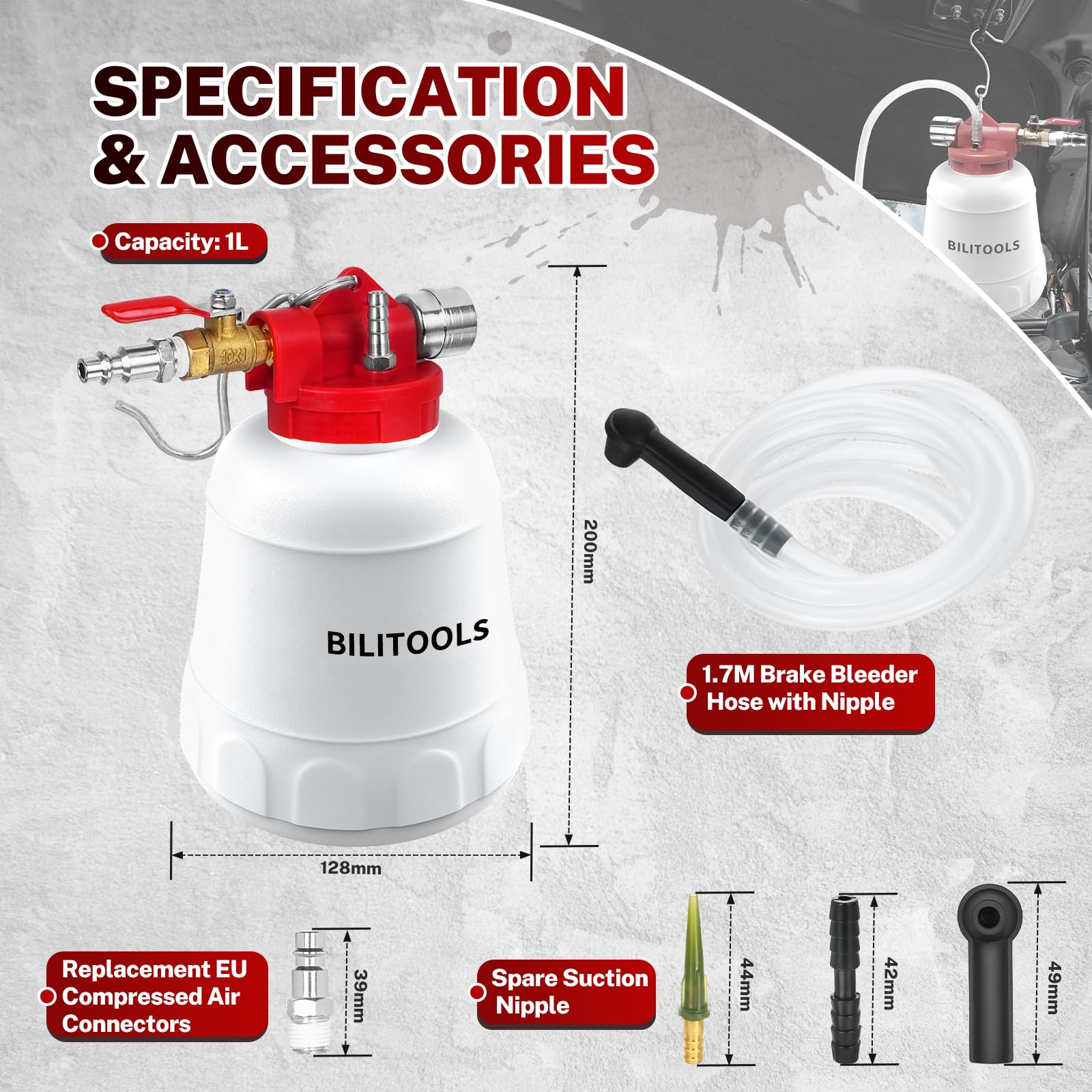 BILITOOLS Kit universal de purga de frenos de 1 litro, herramienta de purga de líquido de frenos al vacío | Kit de extractor de líquido de embrague para una sola persona, rápido, limpio y eficiente
