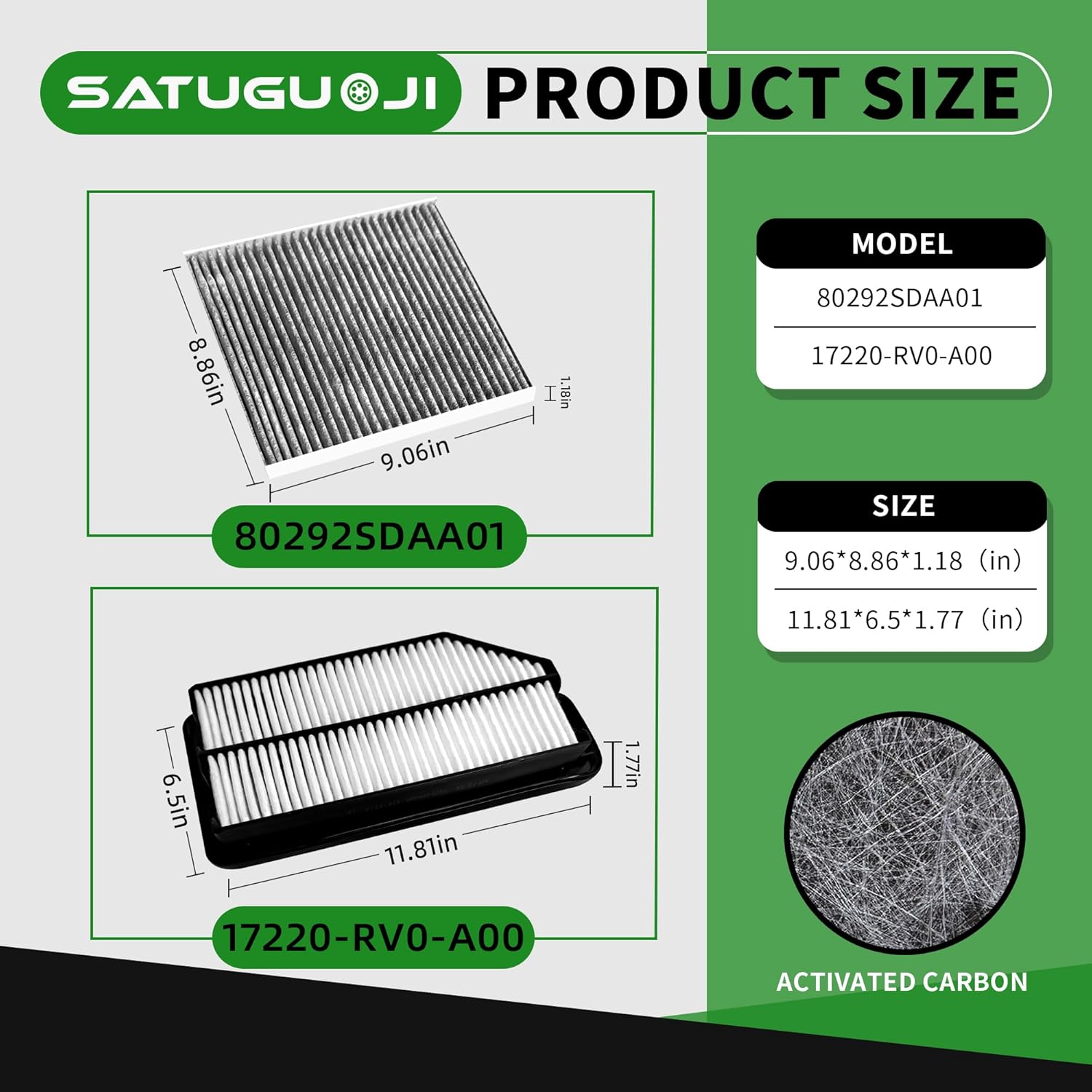 Cabin & Engine Air Filter Set Fit for Odyssey 2011-2017, Replaces 17220-RV0-A00, 80292-SDA-A01, CA11042