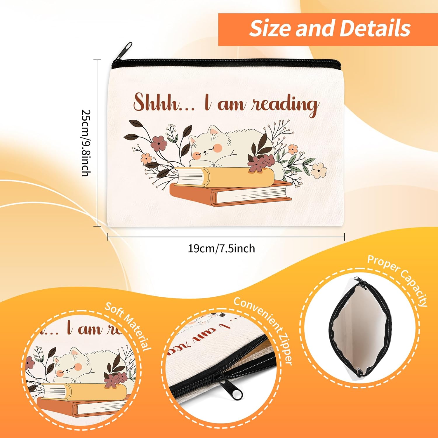 8 Pcs Book Lover Gifts for Women Bookish Gifts in Bulk Mothers Day, Birthday Christmas Gifts for Book Lovers Ideas Cute Bookworms Makeup Bag Makeup Pouch Cosmetic Bag for Librarians Gifts (Orange) - Image 3