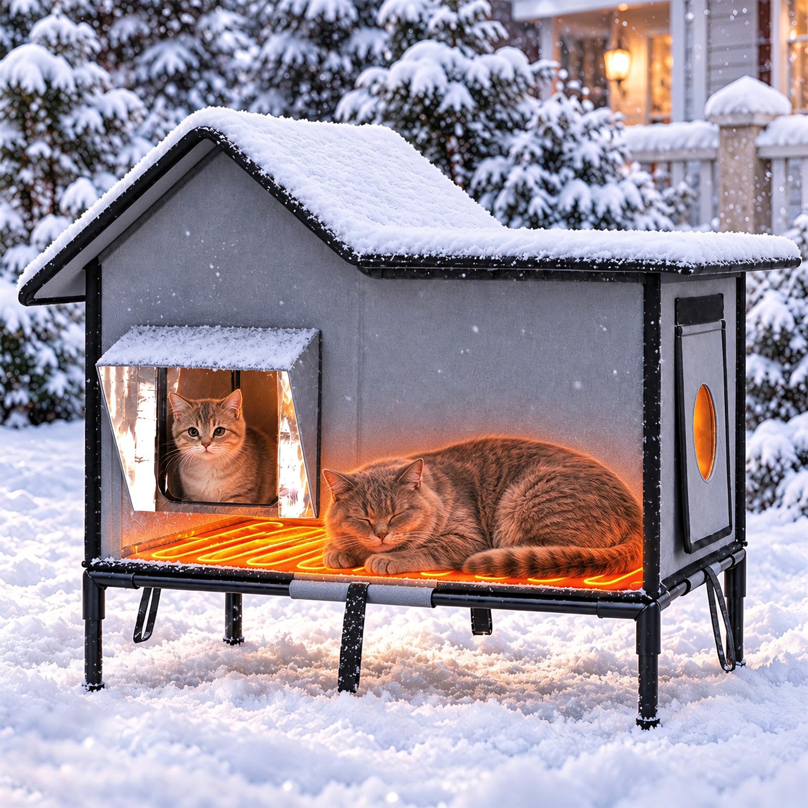Heated Outdoor Cat House,53×37×55cm Waterproof Cat Shelter with Heating Pad