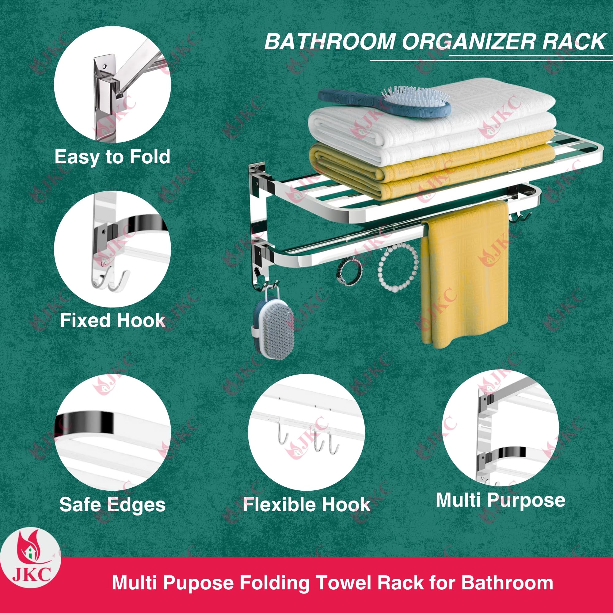 JKC SS Folding Towel Rack for Bathroom with Unique Foldable Rack Space Saving Design with Towel Rod and Cloth Hanging Hooks - Glossy 24 Inch 1