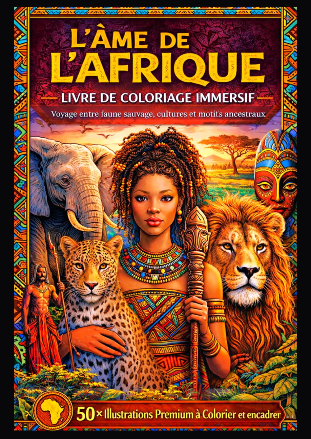 L’Âme de l’Afrique – Livre de Coloriage Immersif: 50 Illustrations Premium à colorier et encadrer – Voyage entre faune sauvage, cultures africaines et motifs ancestraux - 106 x Pages - Grand Format -