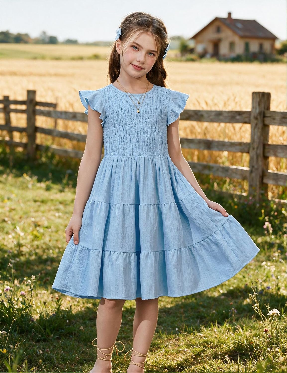 Arshiner Girls Flutter Sleeve Smocked Tiered Midi Sundress with Pockets image 4
