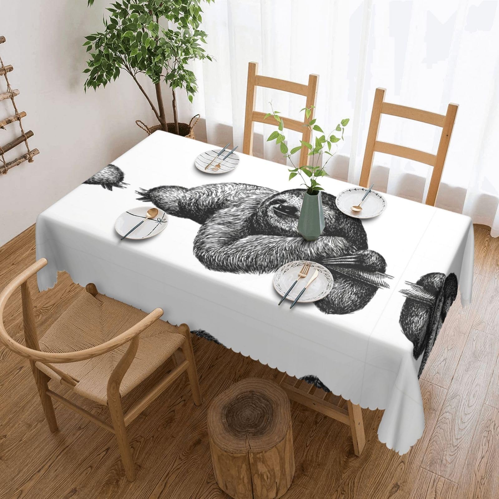 HLSBSSL Sloth Patterned square lace tablecloth, wrinkle-resistant and durable, suitable for dining tables, parties, etc.