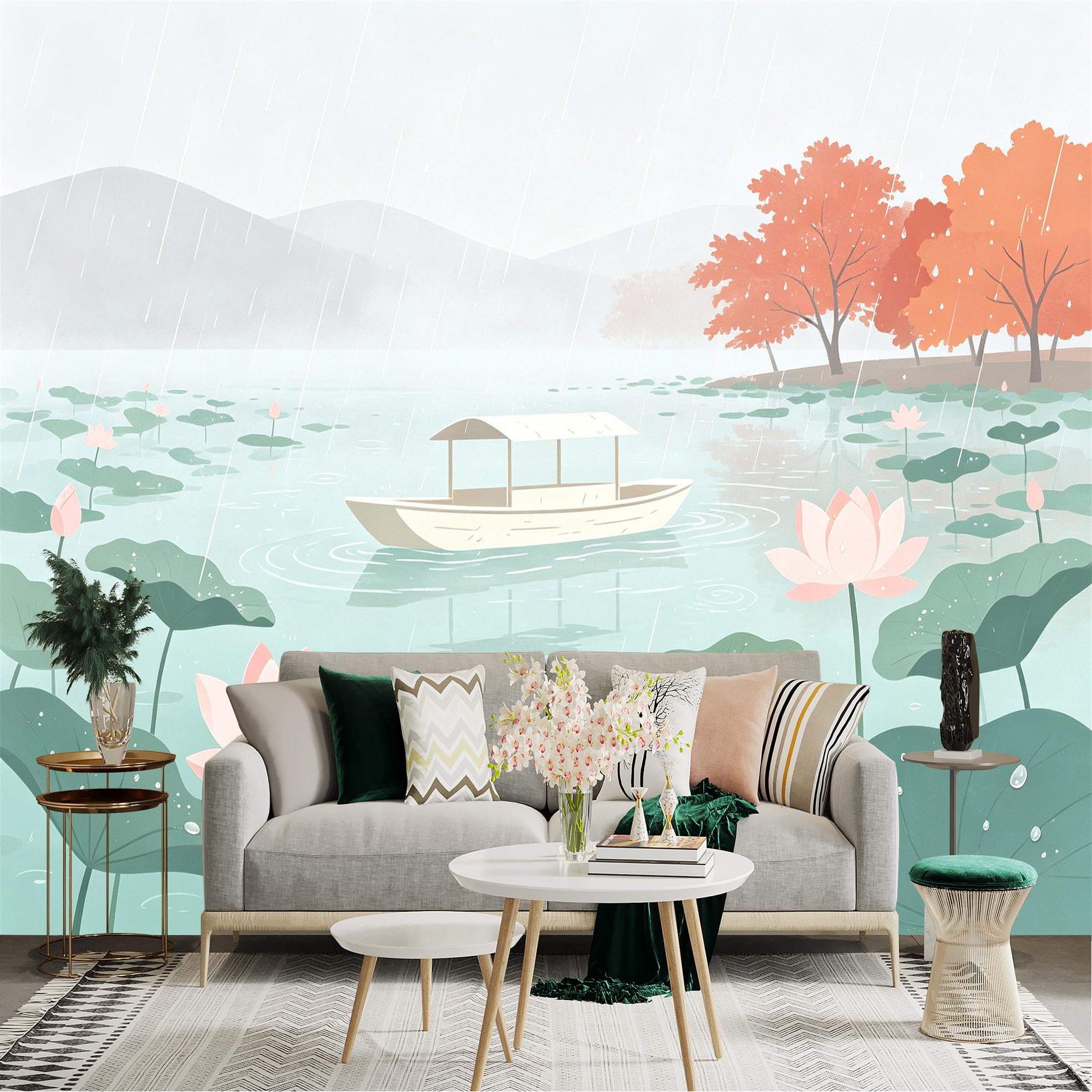 Custom Size Wall Sticker Mural， Rainy Lake with Pink Lotus Flowers， Serene Boat and Autumn Trees， for wall Decoration， peelandstick wall Decals.