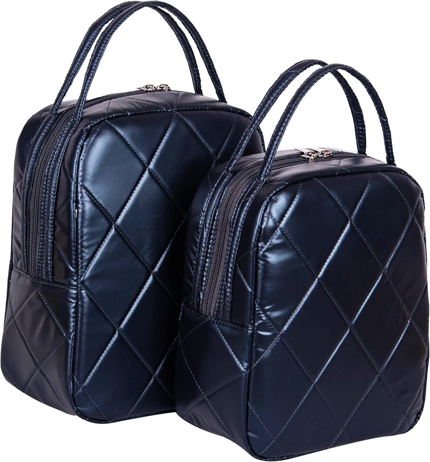 Machine Washable Women Quilted Fabric Insulated Reusable Cooler Lunch Bag Tote Adult Thermal Lunch Box Storage Bag for Ｗork (Navy Blue)