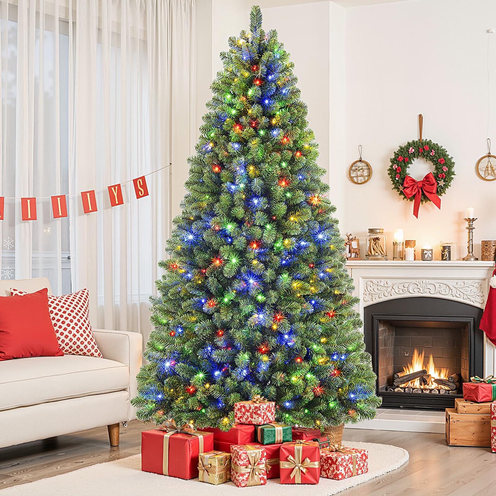 SHareconn 210 cm Arbol de Navidad Artificial con Luces Led, con 1062 PVC Puntas de Rama, con 400 Luces Blancas Cálidas & Multicolores y 12 Modos de luz, Soporte de Metal Plegable, Montaje Rápido