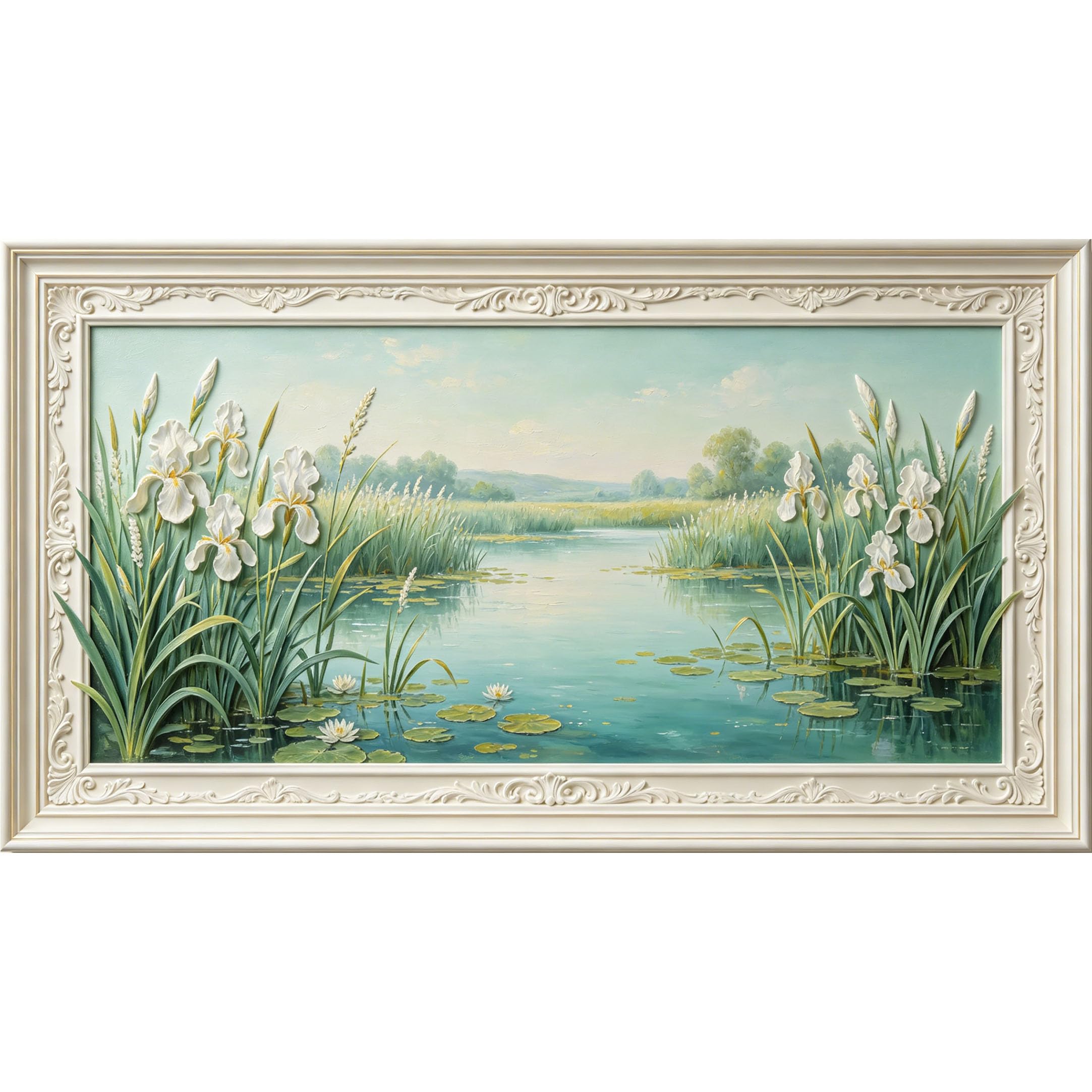 QZLITHOTIC 50×100cm 3D Framed Wall Art， Botanical Lake Landscape Iris Flower Self?Adhesive Mural， Water?Activated Peel & Stick Fabric Decor Wall Decal for Bedroom Living Room