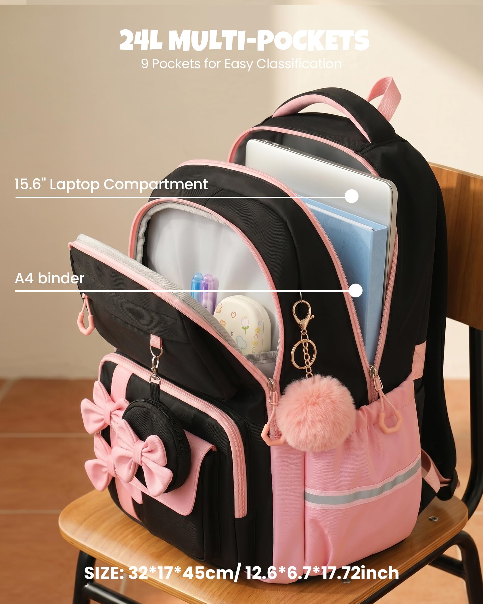 Amythe 3-teilige Schulrucksack Set Mädchen 3.-7. Klasse, 24L Schwarz-Rosa