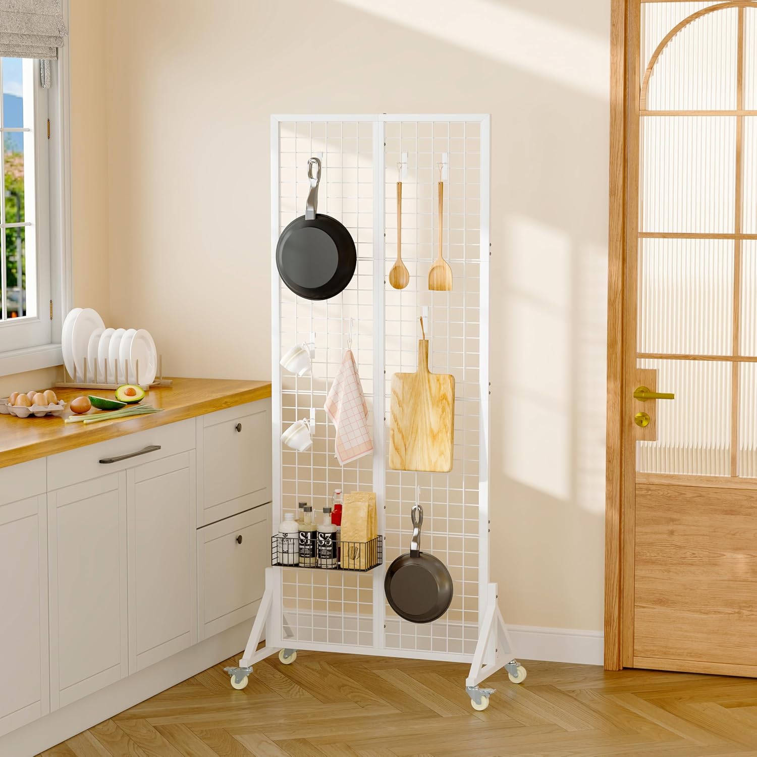 Rolling Gridwall Display Stand, 64.2" H x 23.6" W Wire Mesh Rack with Wheels, Metal Display Grid for Art Shows, Craft Fairs, Retail Boutique & Home Storage, White