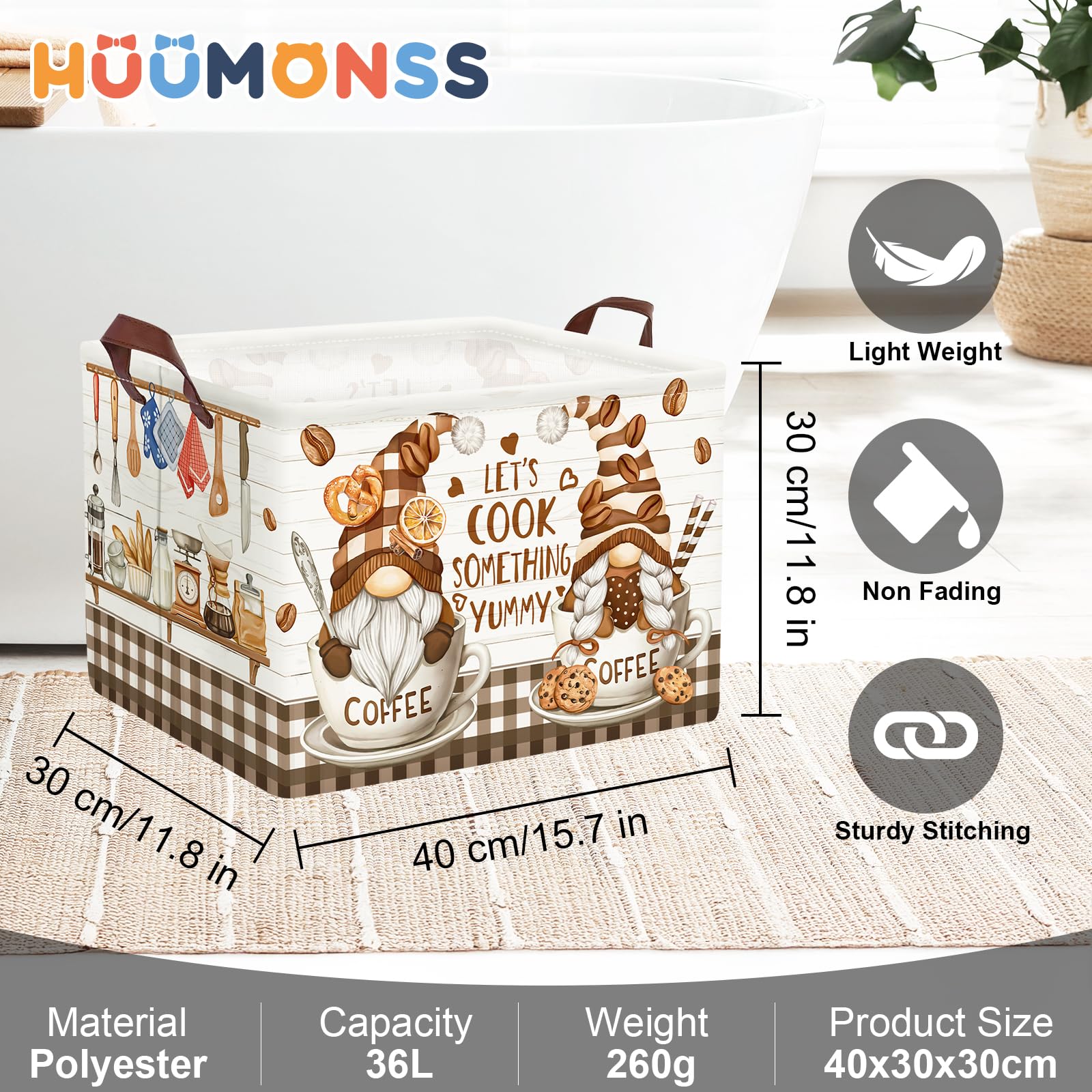 Grand Panier Rangement Décoration Cuisine Outils pour Garçon Fille Repliable Paniers à Linge Jouets Vêtements pour Salle de Bain Chambre à Coucher, Gnome Café, 36L
