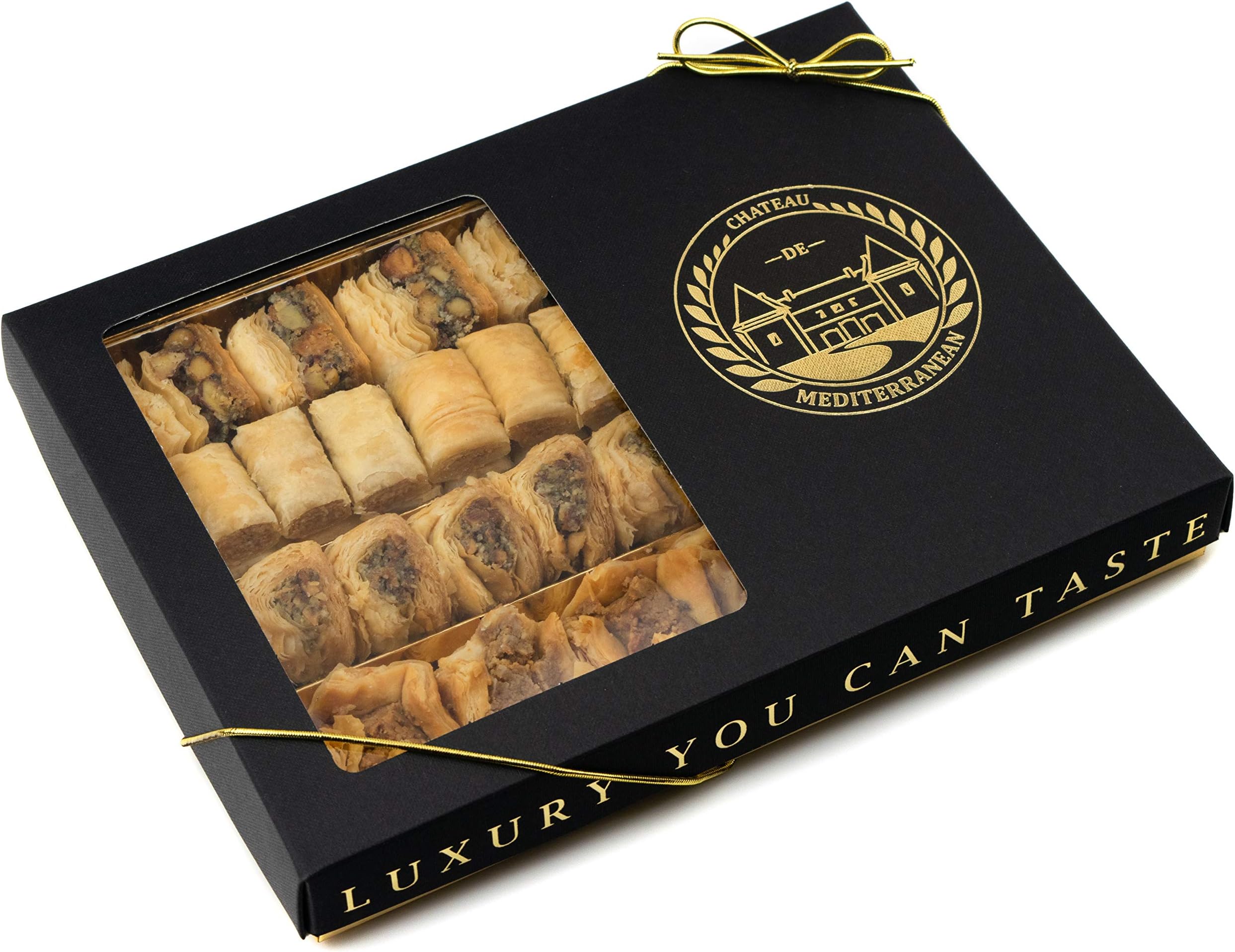 Baklava Gift Box Deluxe | Bite Size Desserts Sweets; Pistachio, Fingers, Colschur, Boukaj | 650g | Approx 47 Pieces | Chateau de Mediterranean