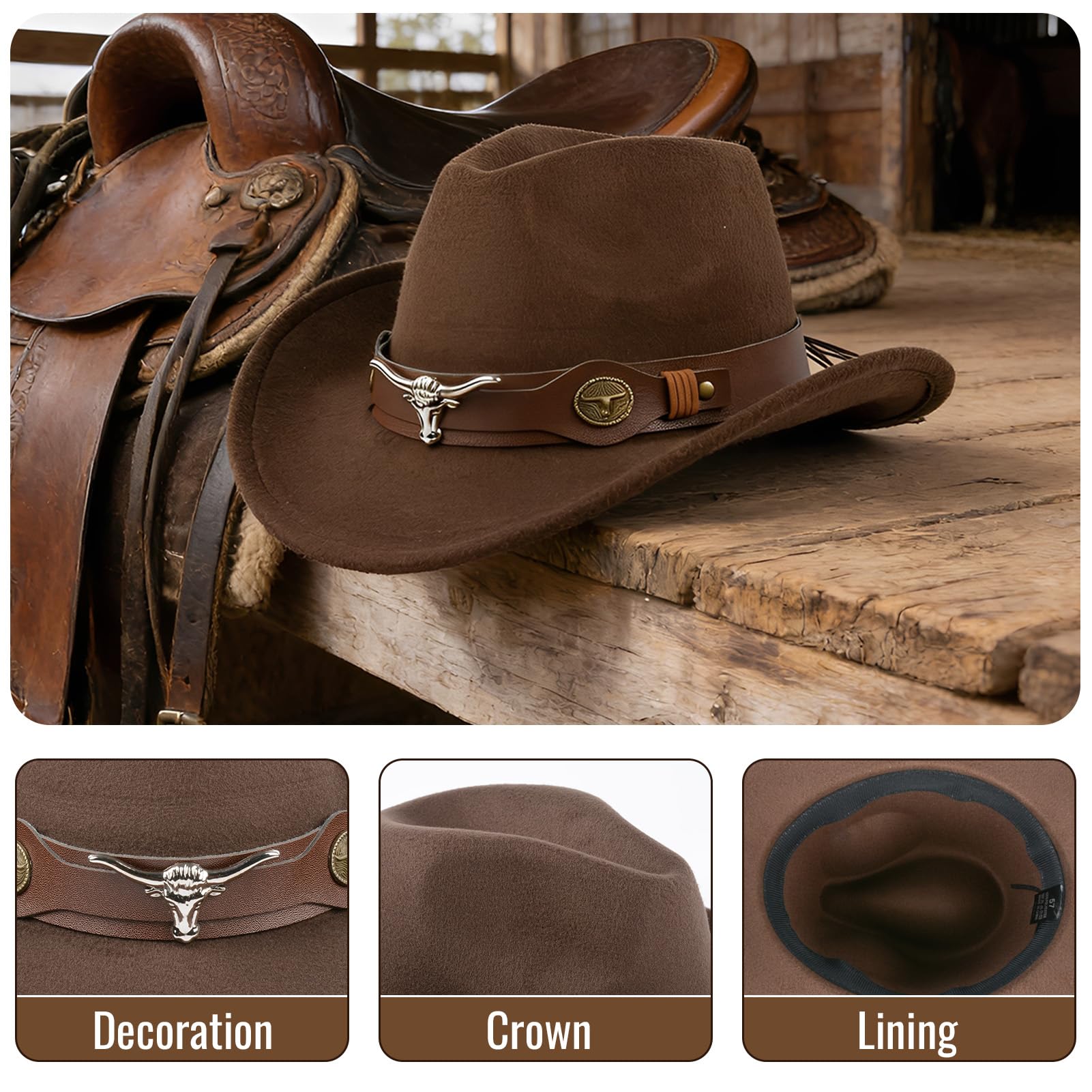 Sombrero de vaquero occidental para hombre y mujer, sombrero de gamuza ajustable suave para vaquera, sombrero de vaquero para exteriores, sombrero de vaquero con ala ancha, color marrón, marrón, L
