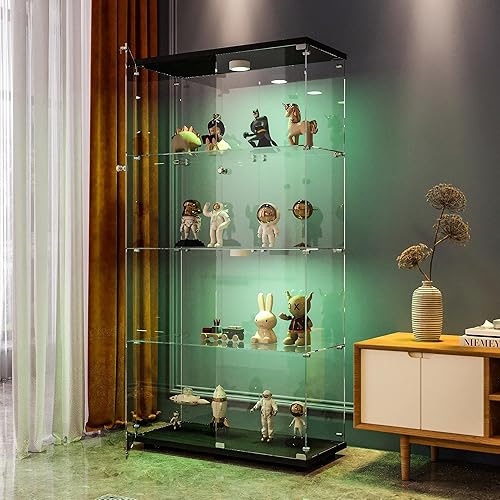 Miniatura 34 de FANYUSHOW Vitrina de cristal templado con 4 estantes con cerradura de seguridad, estante de exhibición de 0.197 in para sala de Blanco,Negro