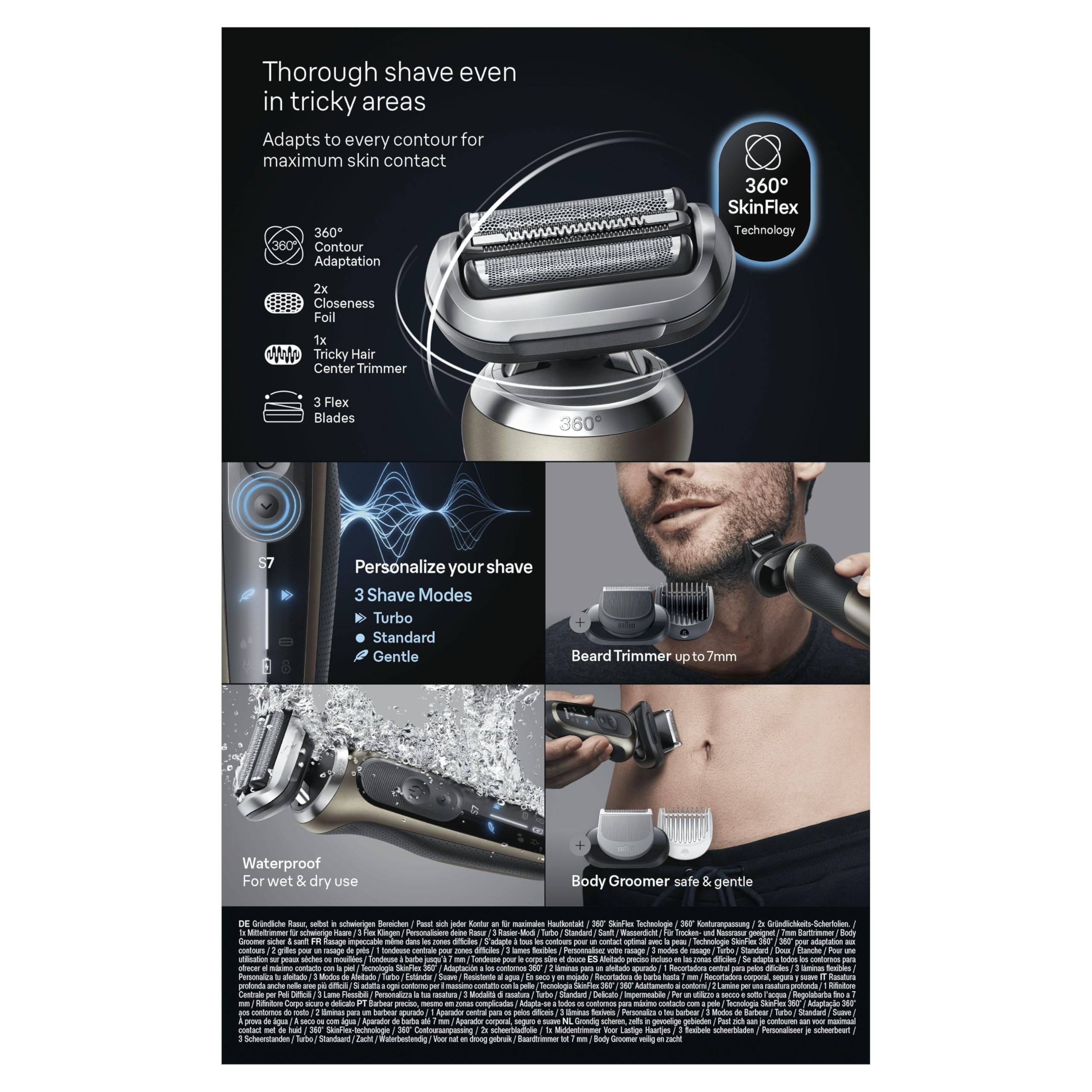 Braun Series 7 Afeitadora Eléctrica Hombre, 72-C7650CC, Oro - Máquina de Afeitar Resistente al Agua, 3 Modos de Afeitado, 60 Min de Uso, Centro de Limpieza, 2 Accesorios de Rasurado Y Estuche de Viaje