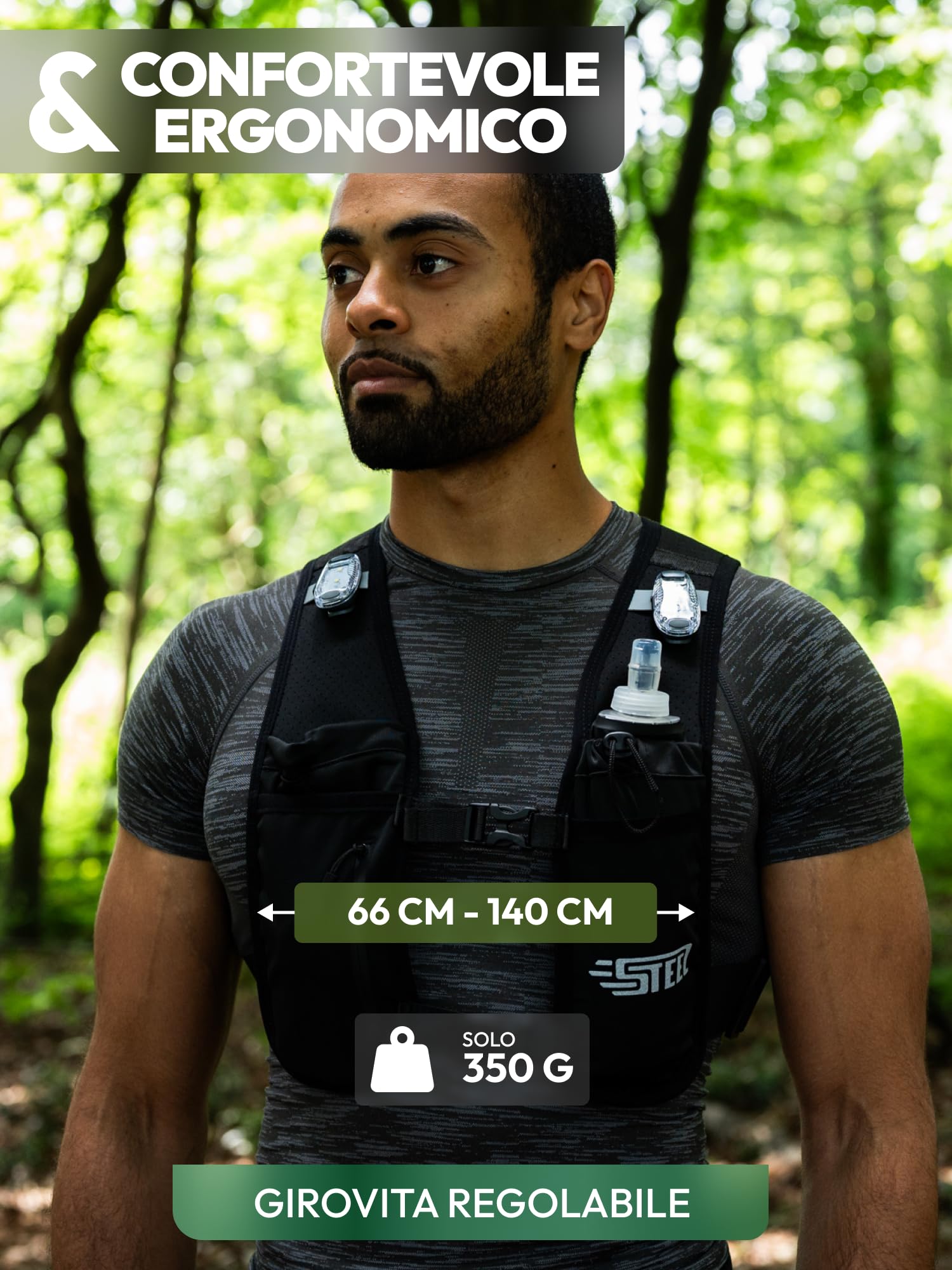 Giubbotto Running Idratante Riflettente LED Recheargeable, Porta Bottiglia d'acqua Regolabile, Gilet leggero, Borraccia Idratante 500 ML per Escursionismo, Trail