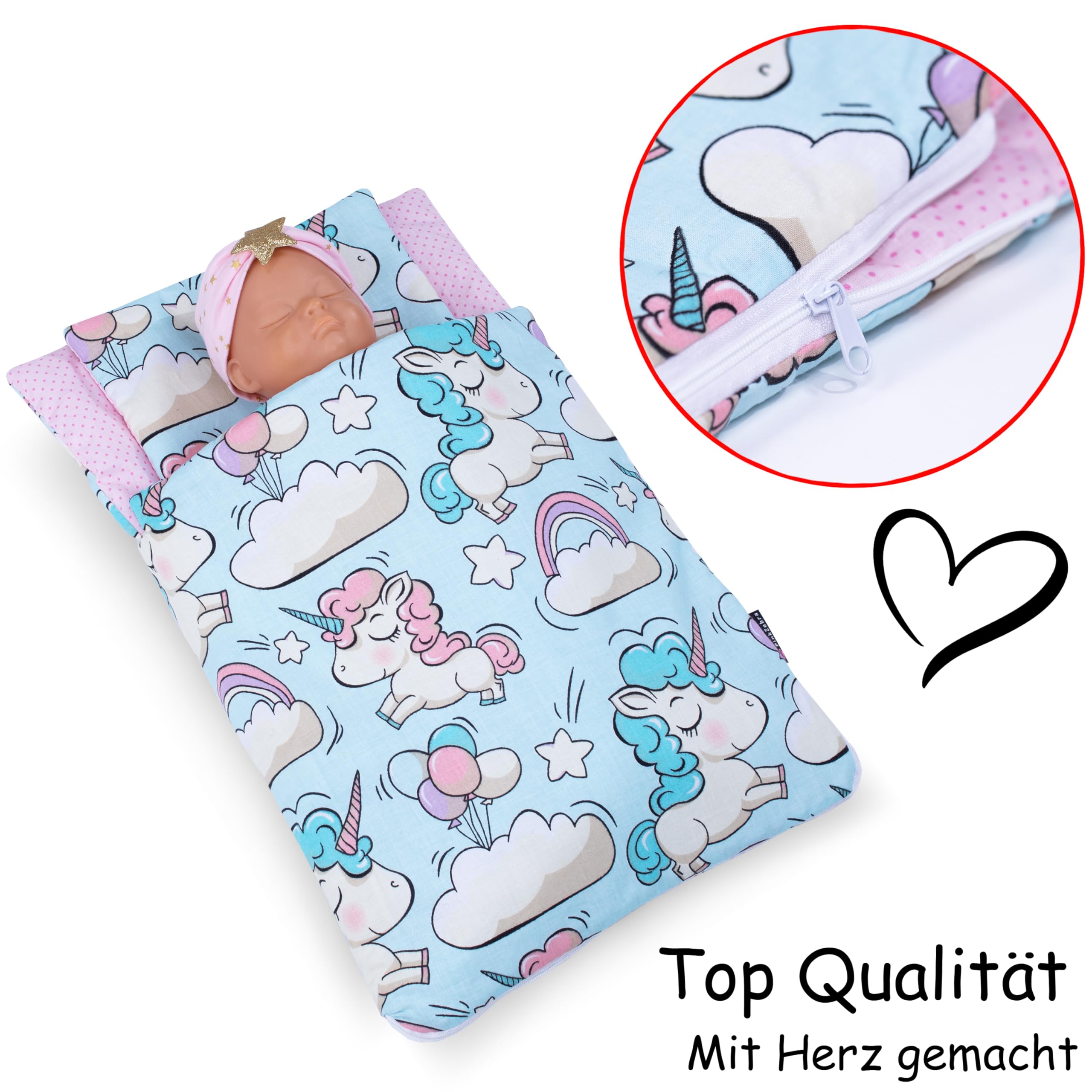 PinkZebra Gigoteuse Licorne, Sac de Couchage pour Poupée avec Oreiller en Coton
