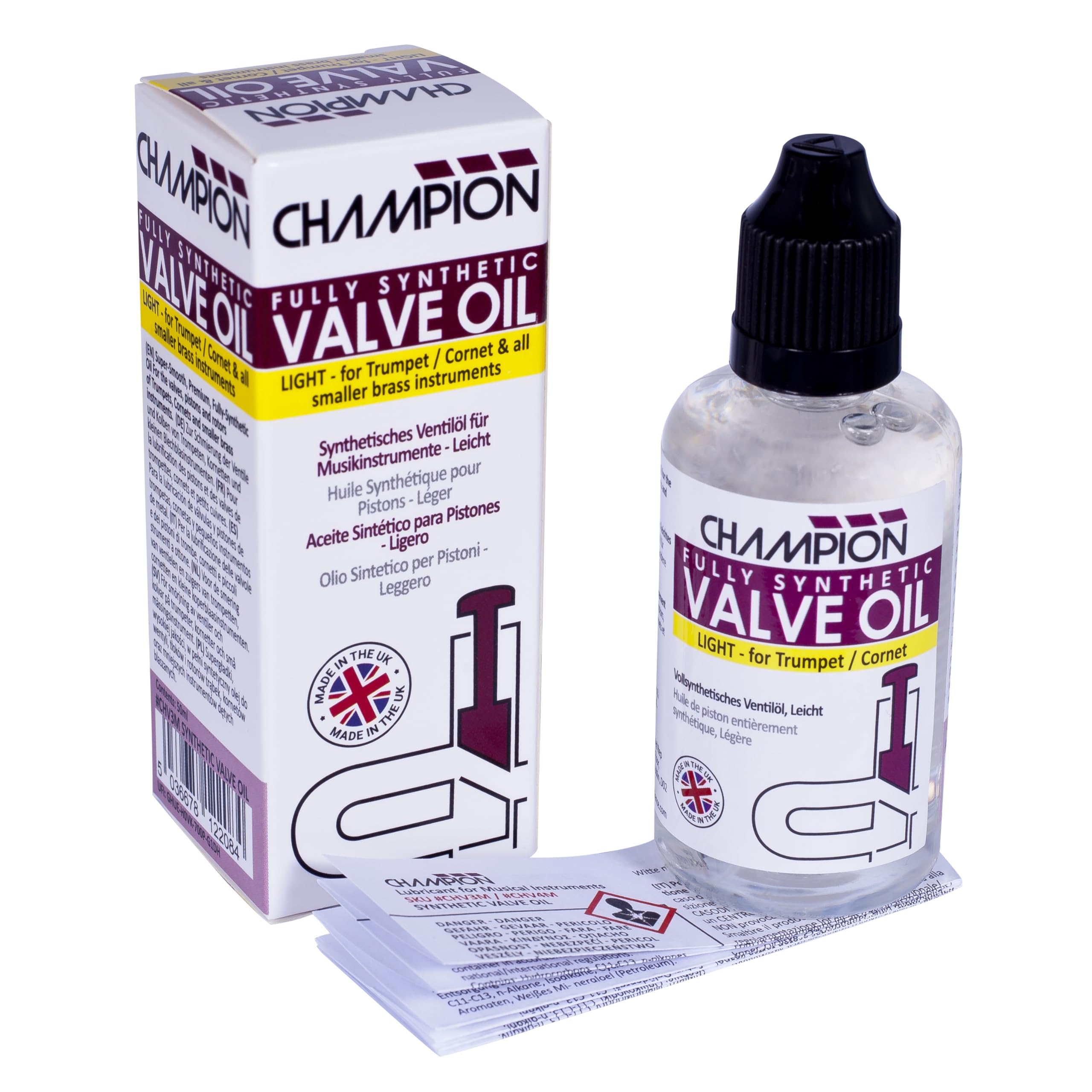 Champion huile de piston synthétique légère pour trompette, cornet, bugle. Ultra fluide pour pistons rapides et tolérances serrées. Réponse rapide. Fabriquée au Royaume-Uni. 50ml