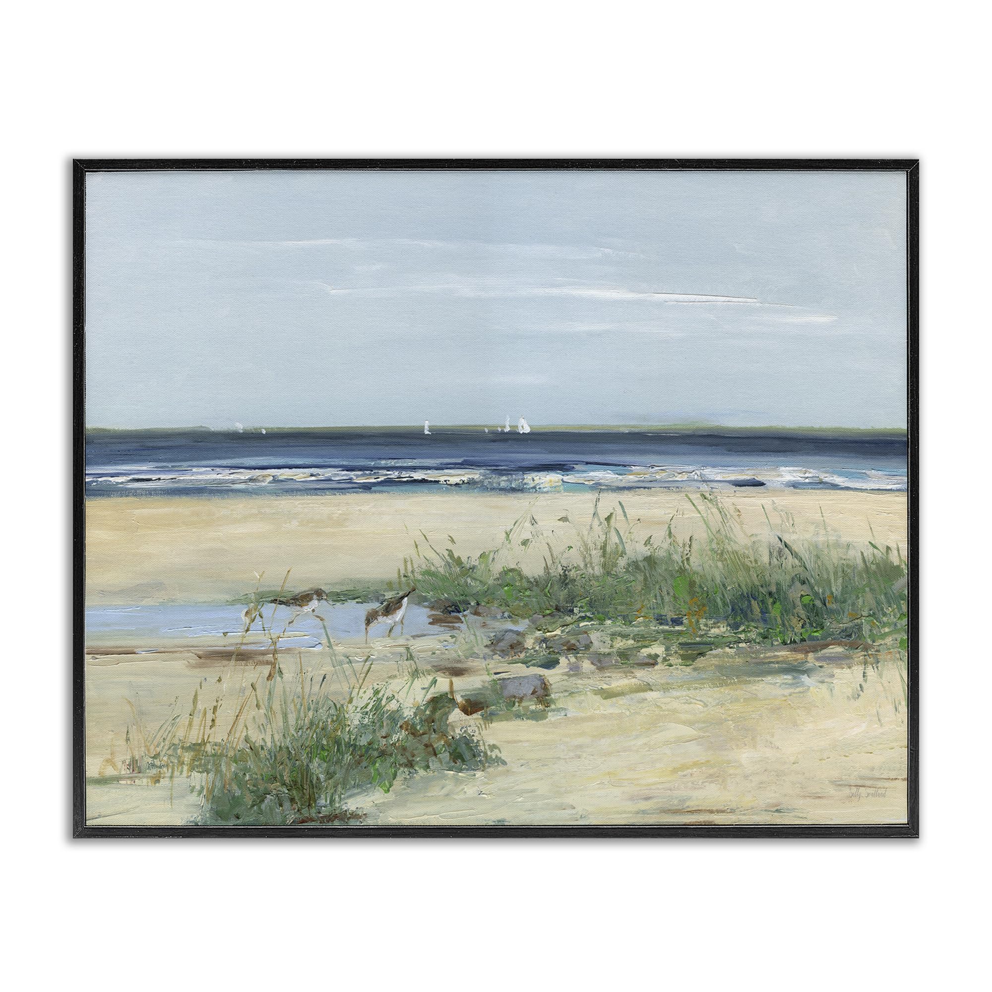 Stupell Industries Beach Marsh Sandpipers, Coastal Bird Scene for Dining Room, Serene Seaside Grass and Water, 24 x 30 Inch Framed Giclée Print, by Sally Swatland, Made in USA Gift