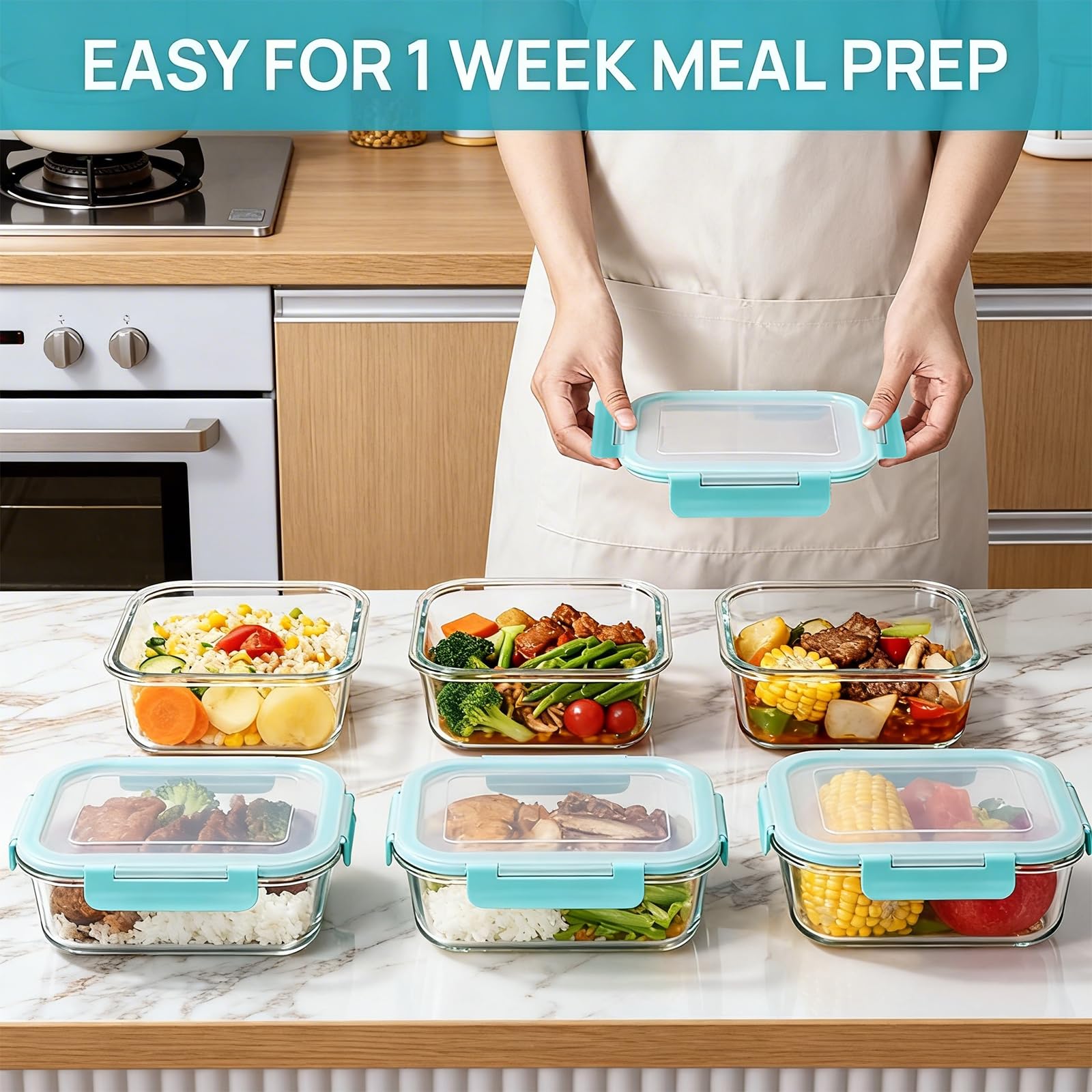Confezione da 15 contenitori per alimenti in vetro con coperchi, contenitori ermetici per la preparazione dei pasti, scatole bento ermetiche con coperchio a prova di perdite, per microonde