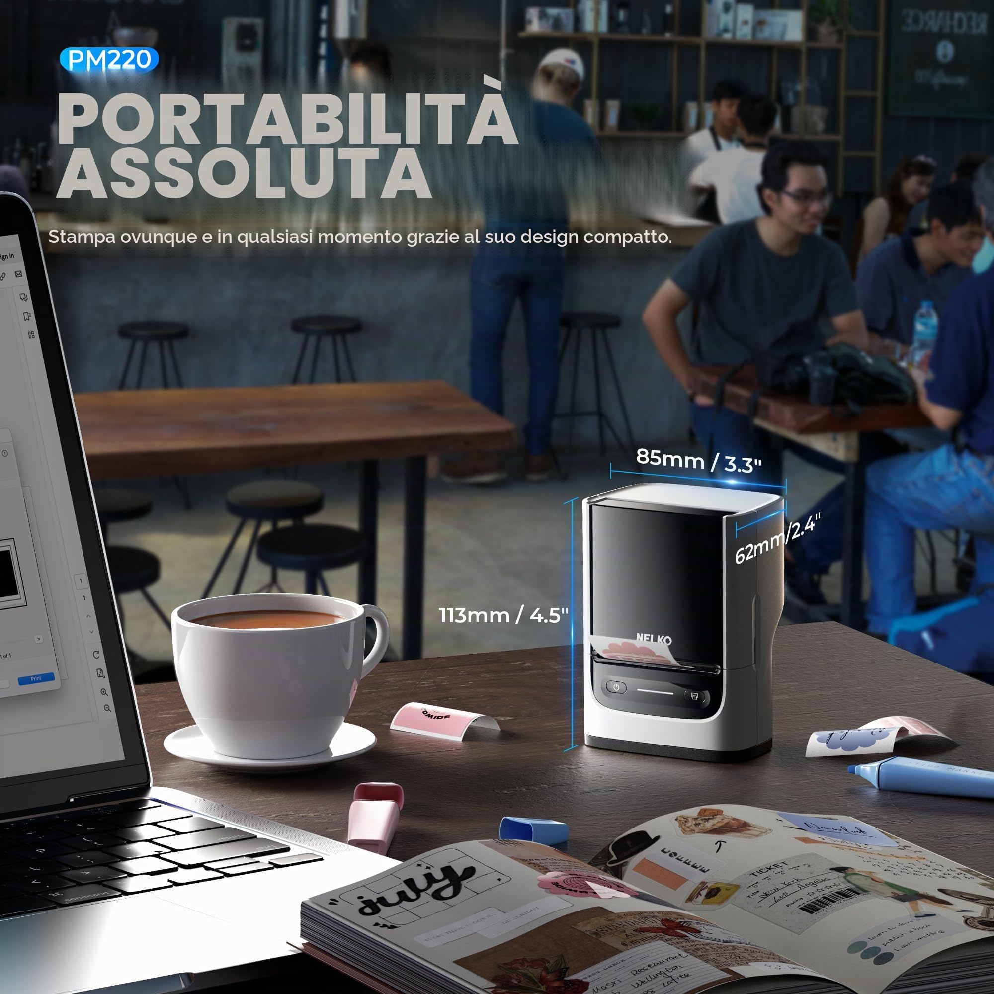 Nelko Etichettatrice con nastro adesivo, stampante per etichette Bluetooth PM220, stampante termica portatile da 5,1 cm per piccole imprese, logo, abbigliamento, stampante adesiva per