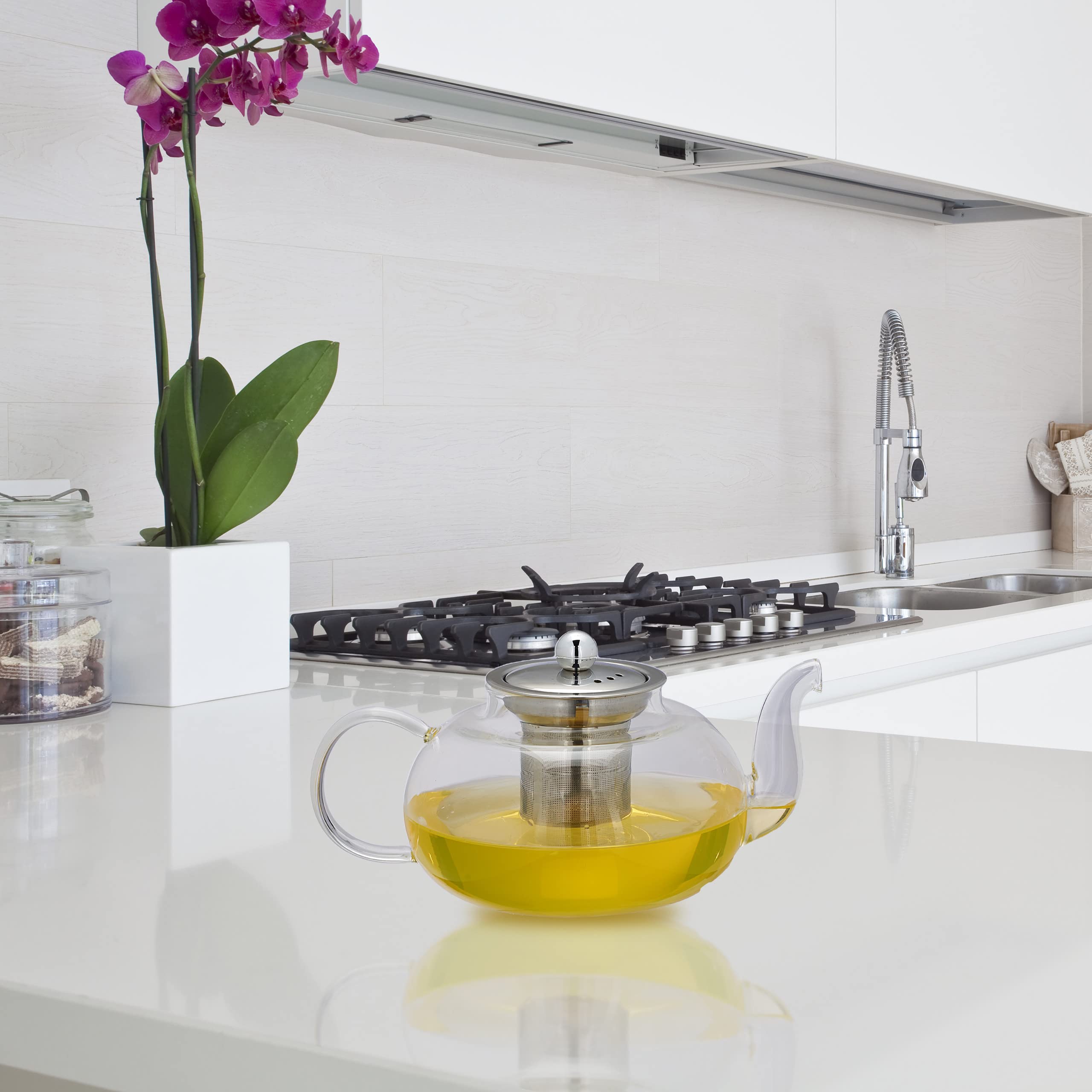 Relaxdays Théière avec Filtre, 1 L, Verre Borosilicate, Acier Inoxydable, Carafe pour thé Vrac, Transparent/argenté