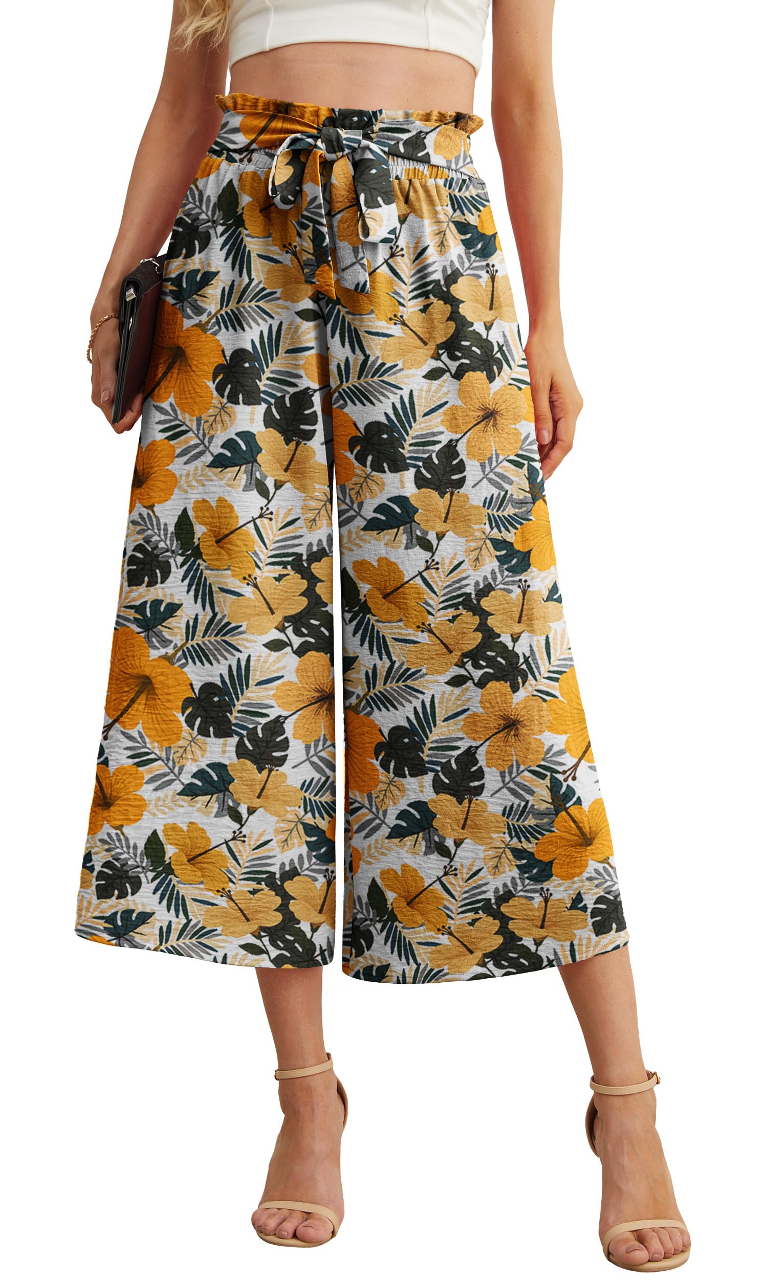 IWOLLENCE Women Flowy Loose Wide Leg Pant Summer Beach Casual Trousers high Waist Adjustable Knot Business Work Casual Pants